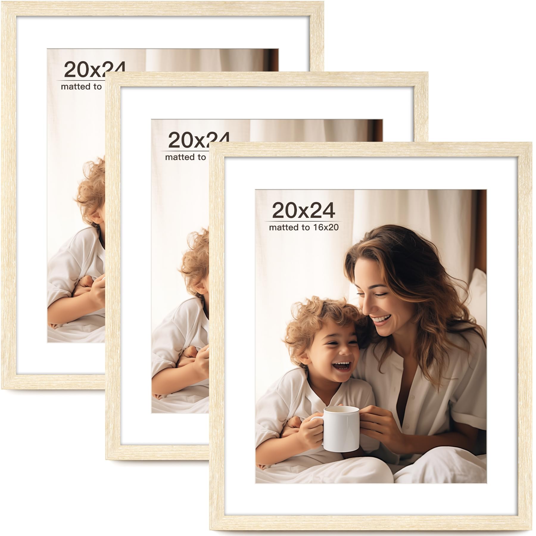 FinalFind 20x24 Picture Frame with Mat for 16x20 Set of 3, Natural Wood Grain 20x24 Frame for Horizontal & Vertical Wall Mountin