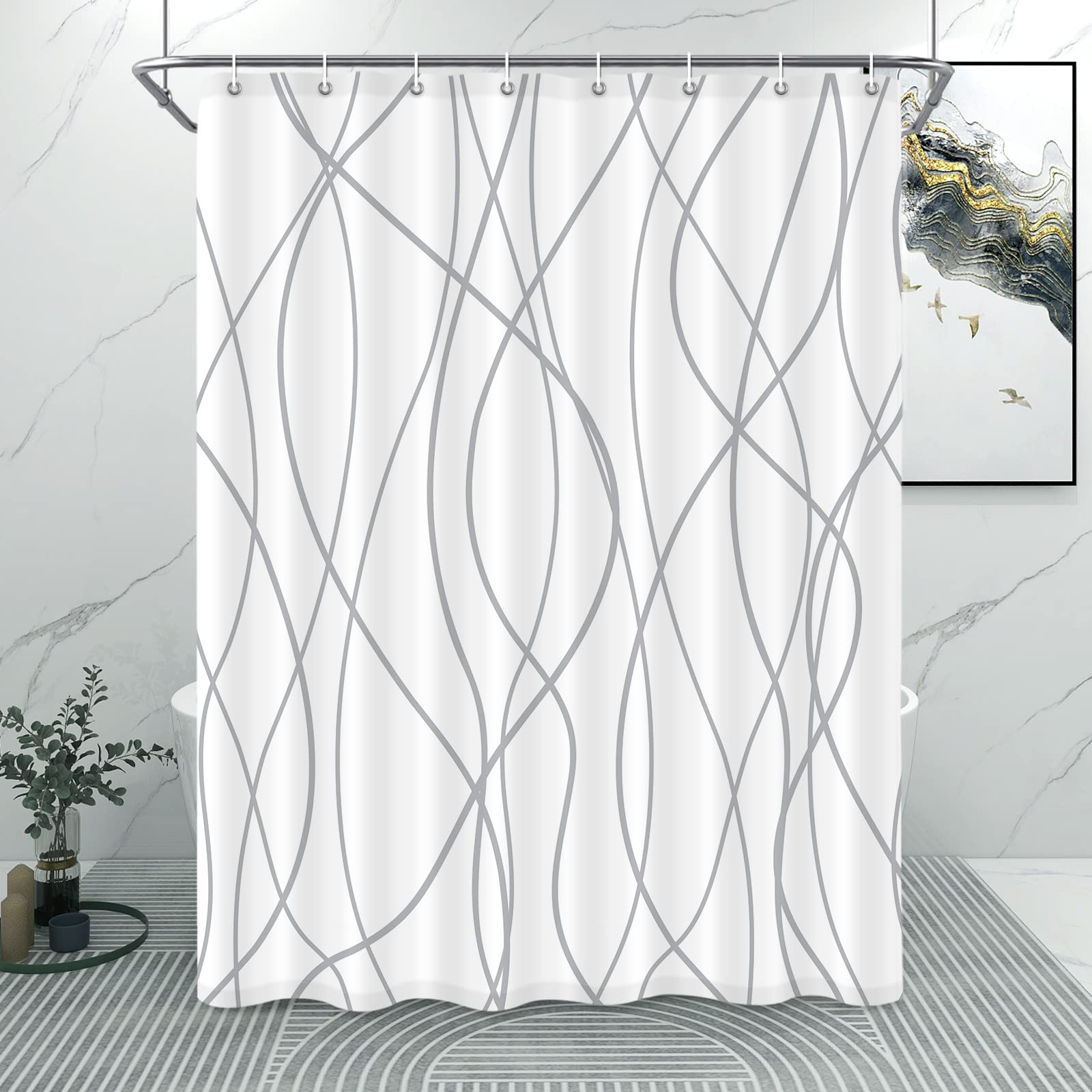 Punkray Grey And White Striped Fabric Shower Curtain For Bathroom With 8 Hooks, Shower Curtains For Bathroom Decoration 54X72 In