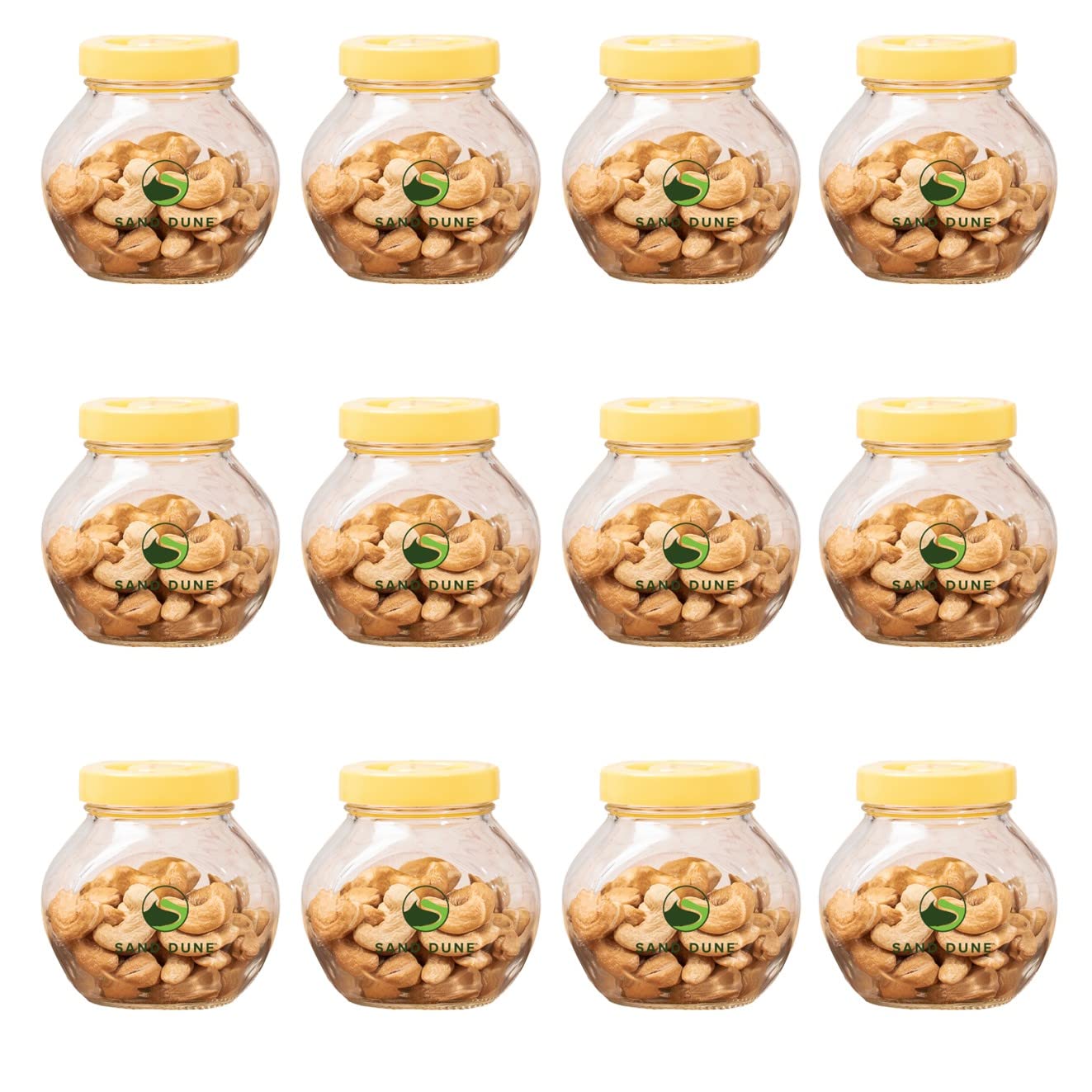 Sand Dune Set Of 12, 200 Ml Each Storage Glass Jar Yellow Plastic Cap, Transparent | Bpa Free | Storage Jar Containers/Barni For