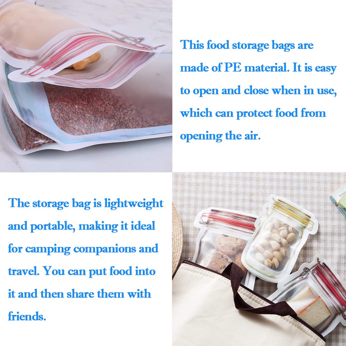 40Pcs Reusable Mason Jar Ziplock Bags,Food Storage Sandwich Bags Ziplock Bags For Kitchen Camping Picnic Organizer (40 Pcs)