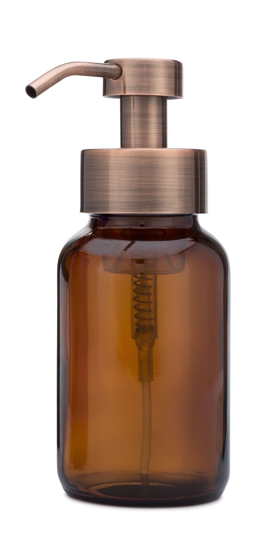Rail19 Amber Glass Apothecary Foaming Soap Dispenser with Metal Pump - for Kitchen and Bathroom Countertop, 8.5oz (Copper)
