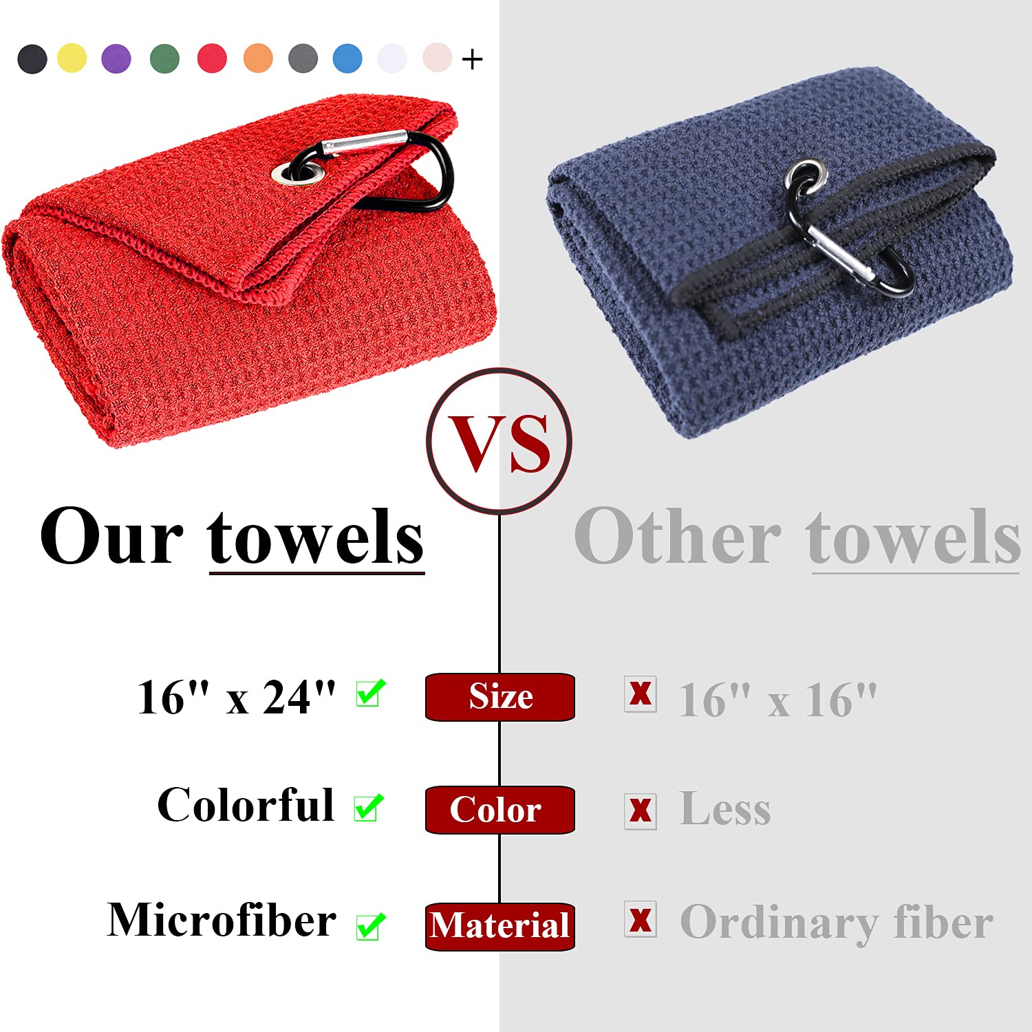 Vividly 2 Pack Tri-Fold Golf Towels, Premium Microfiber Fabric Waffle Pattern With Black Heavy Duty Carabiner Clip, Red Golf Tow