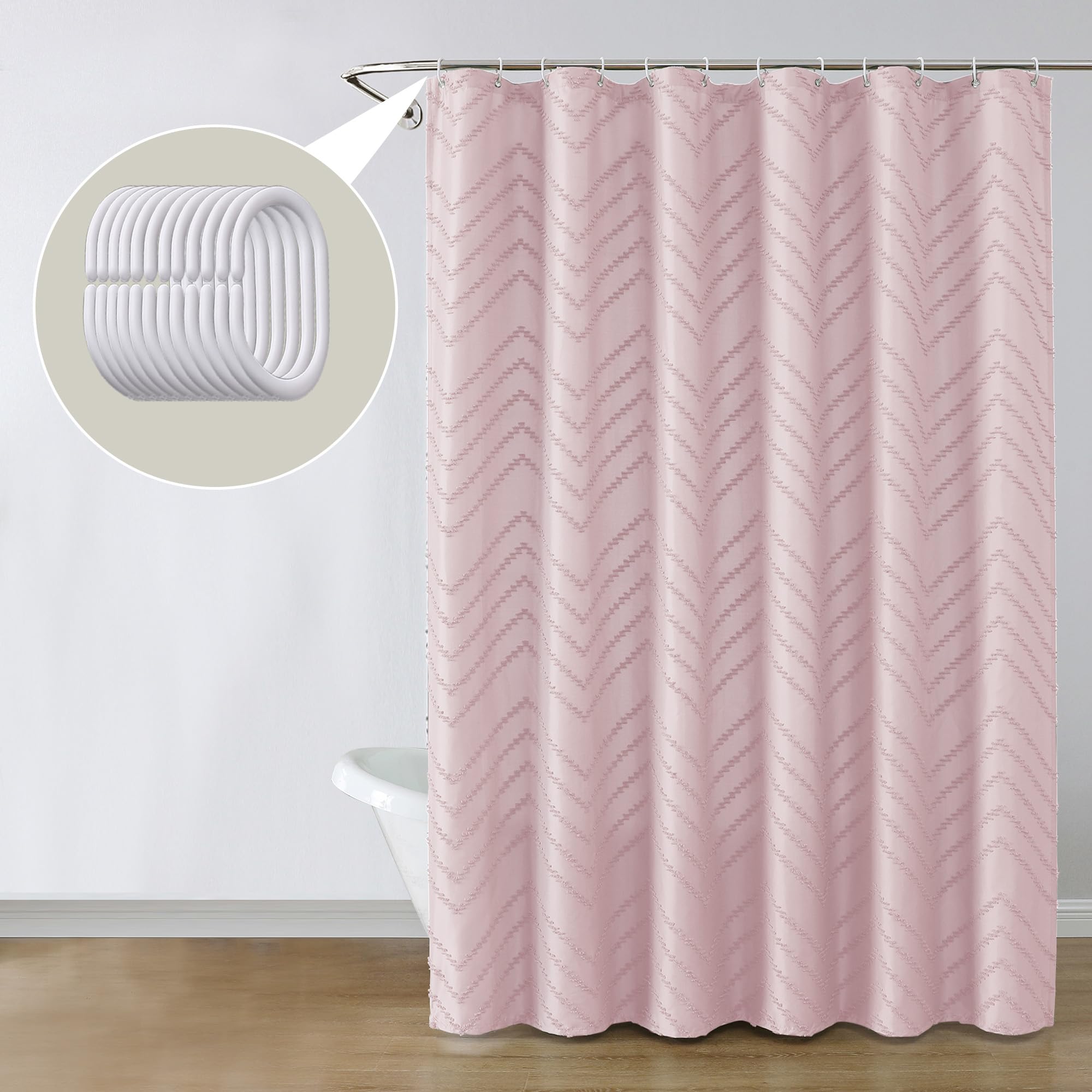 Chyhomenyc Chevron Extra Long Blush Pink Boho Shower Curtain Set 72X84 Inches, Fabric Shower Curtain Modern Farmhouse Chic Textu