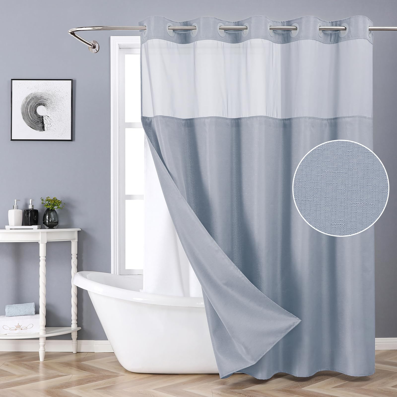 Eachope Blue No Hook Shower Curtain With Snap-In Fabric Liner Set,Slub Textured Fabric Shower Curtains For Bathroom,Hotel Style