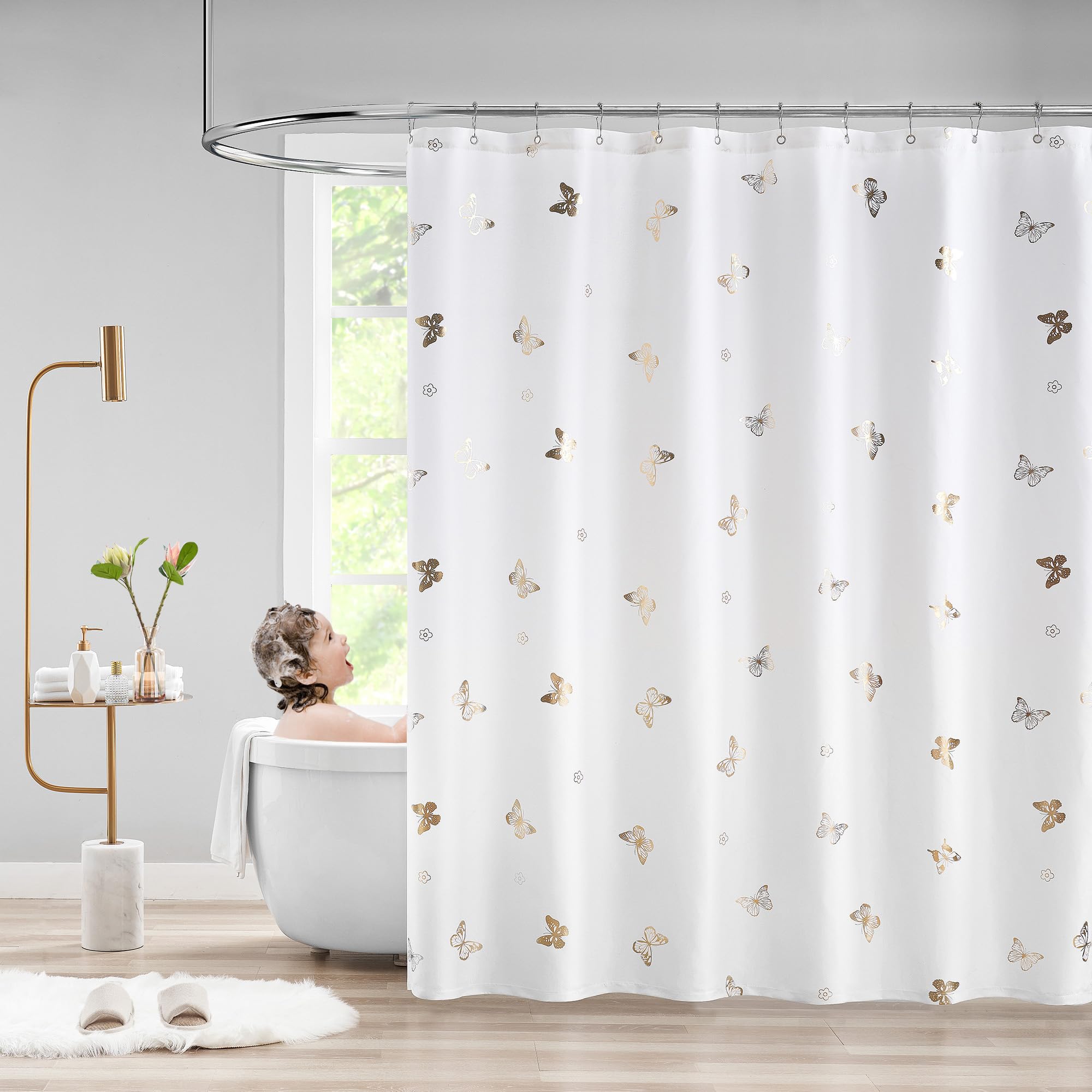 Jubilantex White Gold Butterfly Floral Shower Curtain for Bathroom Decor Luxury Washable Waterproof Fabric for Bathtub Hotel Spa 70x72 Inches