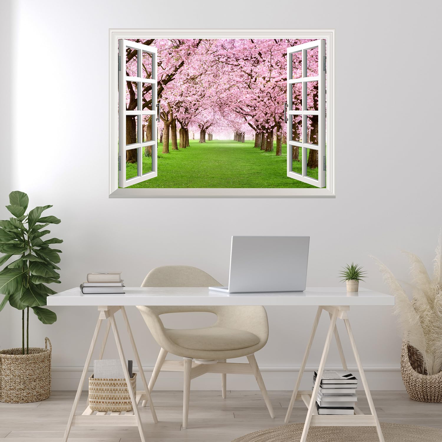 wall26 Removable Wall Sticker/Wall Mural - Cherry Blossom View Out of The Open Window Creative Wall Decor - 24 Inchx32 Inch