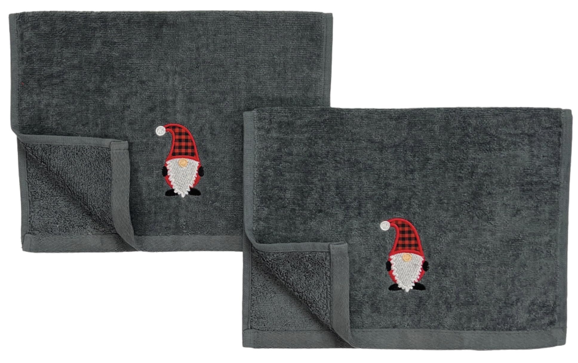 Christmas Gnomes Towel Set: Dark Grey Fingertip Towels With Red White Embroidery Jolly Nordic Gnome, Set Of 2