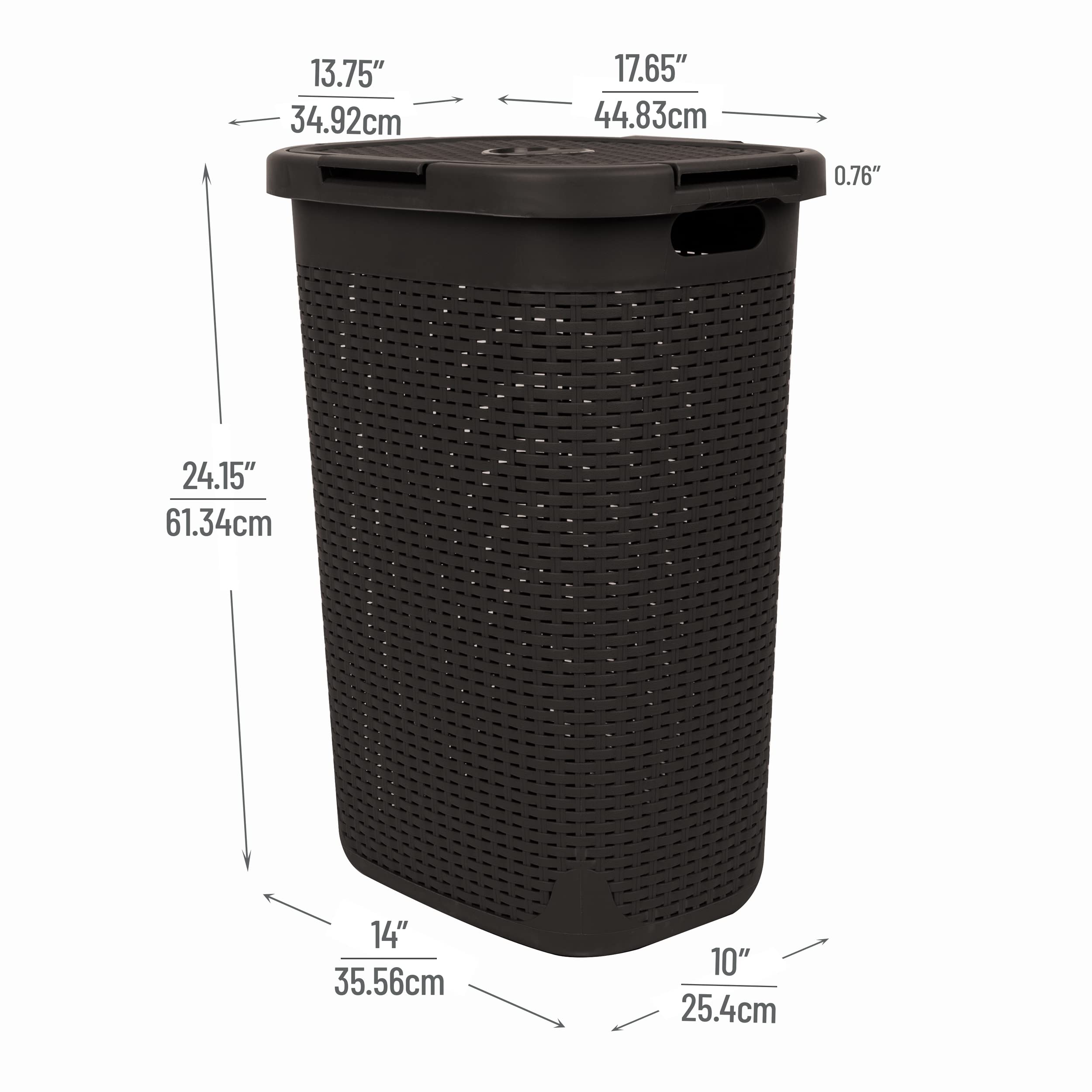 Mind Reader 60L Slim Laundry Hamper, Clothes Basket, Lid, Wicker Design, Plastic, 17.65''L X 13.75''W X 24.15''H, Brown