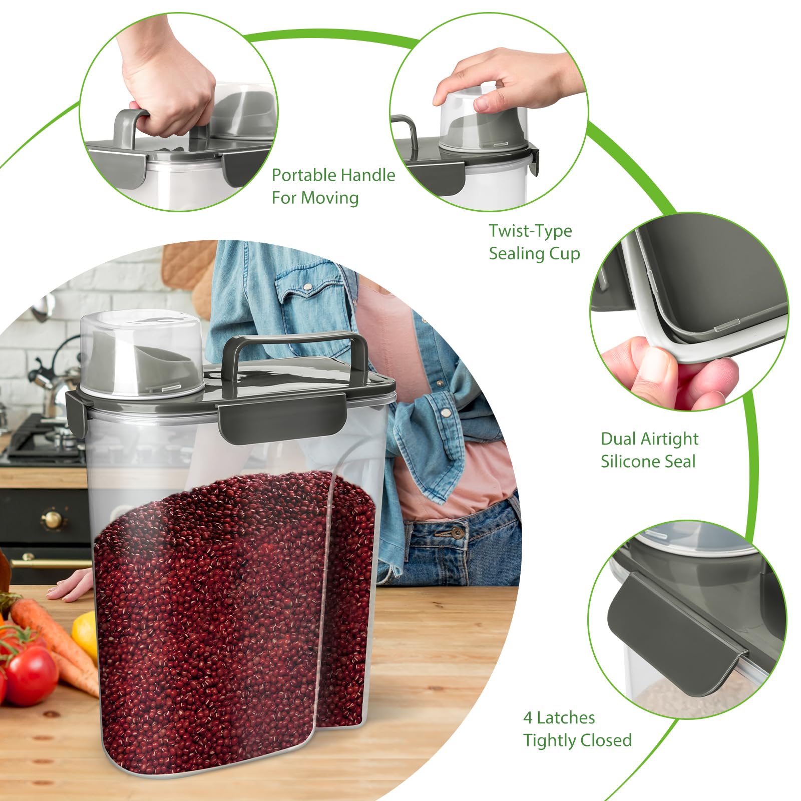 Viretec Rice Storage Container, 5 To 10Lb Dry Food Airtight Dispenser, Pet Dog Cat Food Canister, Bpa Free Clear Plastic Kitchen