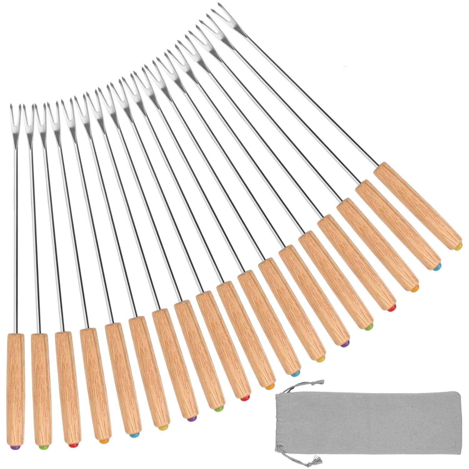 Styddi Fondue Fork, 18Pcs Stainless Steel Color Coding Fondue Forks With Wooden Handle For Chocolate Fountain Cheese Fondue Roas