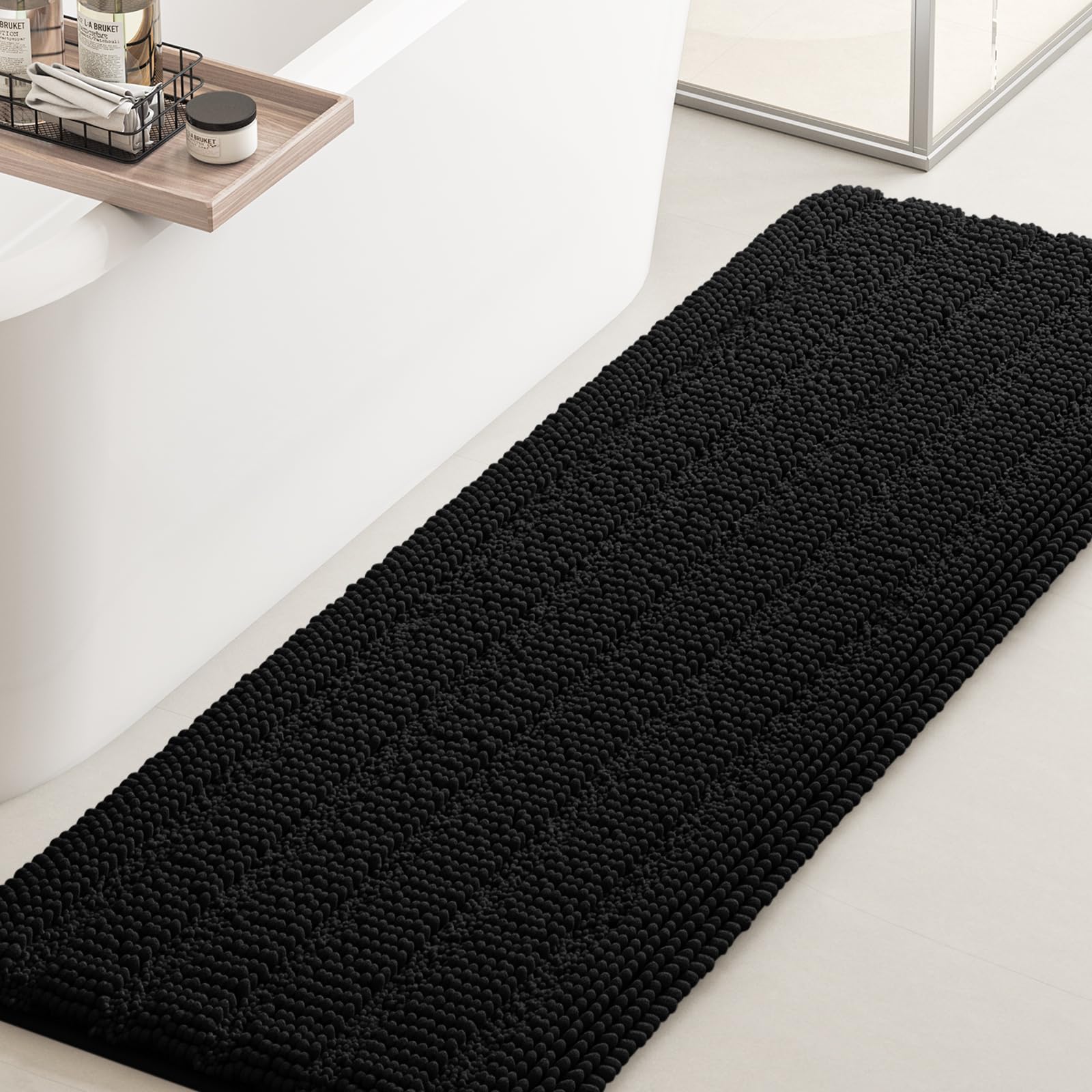 Accumtek Striped Black Bathroom Rug Mat 47.5''X17'' Ultra Soft, Non Slip Chenille Bath Rugs, Absorbent Plush Shaggy Bath Mats Fo