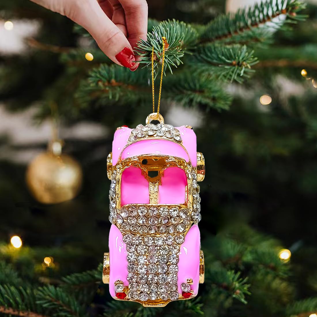 Car Ornaments, Cars Ornament for Christmas Tree, Pink Metallic Handmade with Rhinestone, Beautiful Classic Cute Christmas Orname