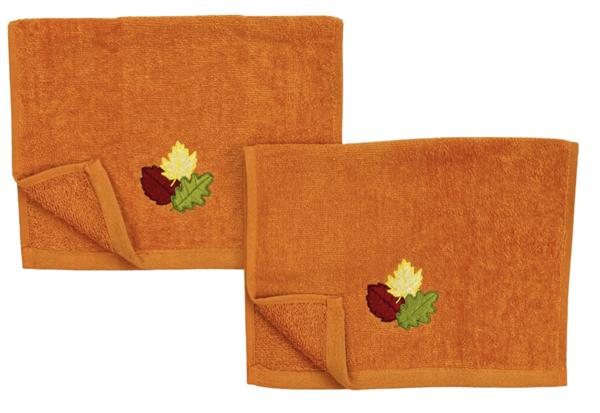 Serafina Home Decorative Fall Leaf Fingertip Towels: Embroidered Gold Burgundy Green Leaves Design On Plush Orange, 2 Piece Set,