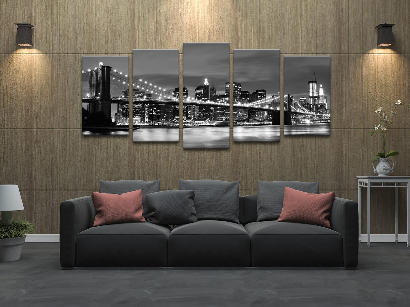 Wieco Art Large Brooklyn Bridge Night View Modern Giclee Canvas Prints Artwork Landscape Pictures To Photo Paintings On Stretche