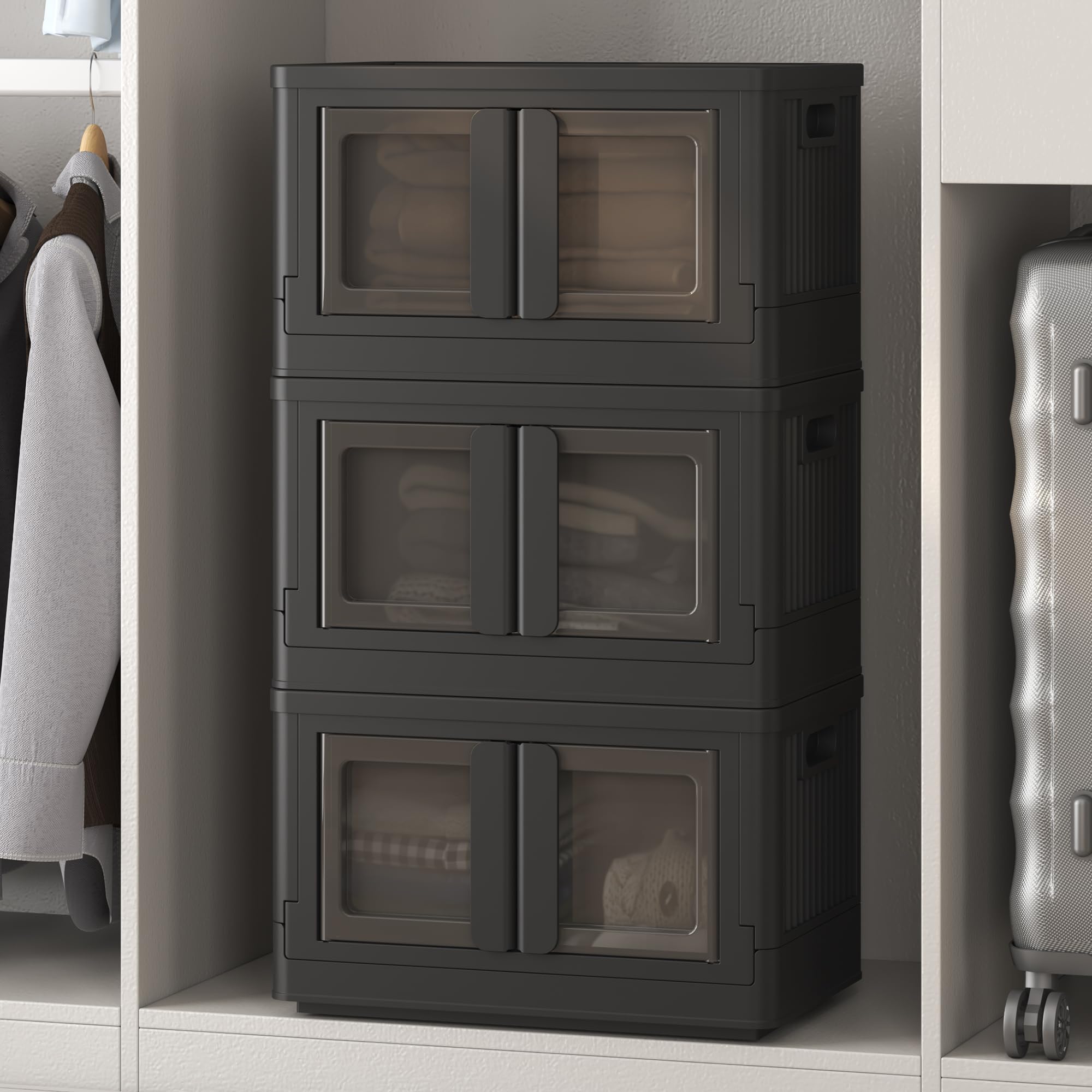 Fleximounts Stackable Storage Bins With Lids, Collapsible Plastic Storage Bins, 110 Qt-3 Pack Closet Organizers And Storage Cont