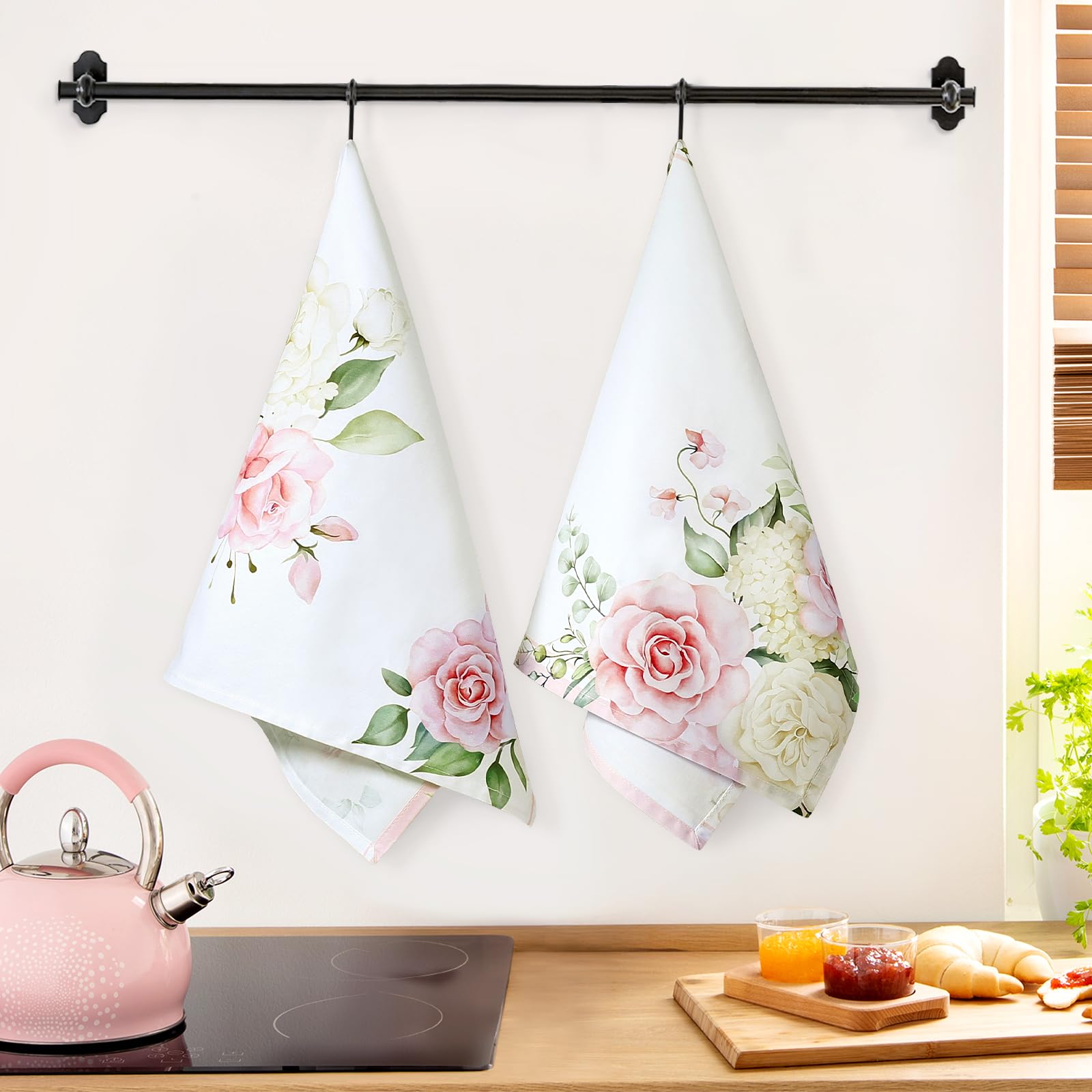 Arquiel 4Pcs Watercolor Flower Kitchen Tea Towels 100% Cotton Pink Floral Butterfly Hand Towels Multiple Uses Quick Dry Dish Clo