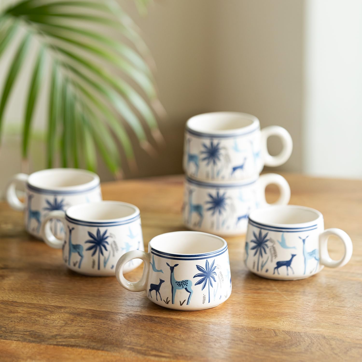 Exclusivelane Deer & Floral Ceramic Tea Cups Set Of 6 For Tea Cups Ceramic (Set Of 6, 150 Ml, Microwave Safe, White & Blue) | 