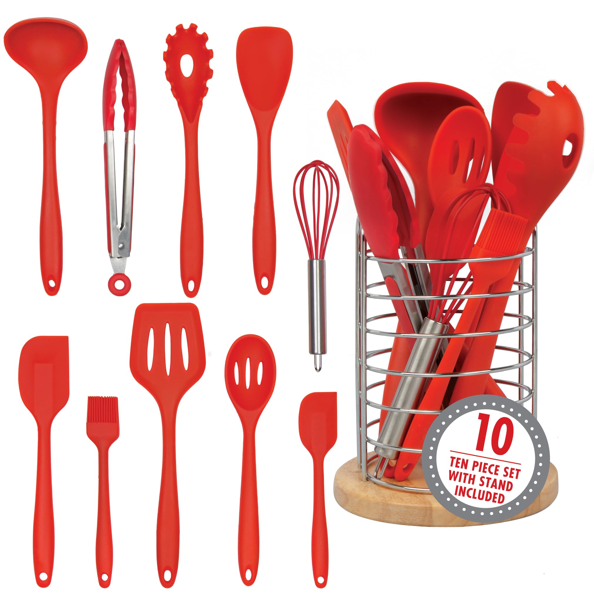 Silicone Kitchen Cooking Utensils W Bamboo Holder- 10 Pc Gourmet Non-Stick, Heat Resistant, Premium Kitchen Tools Set- Spatula,