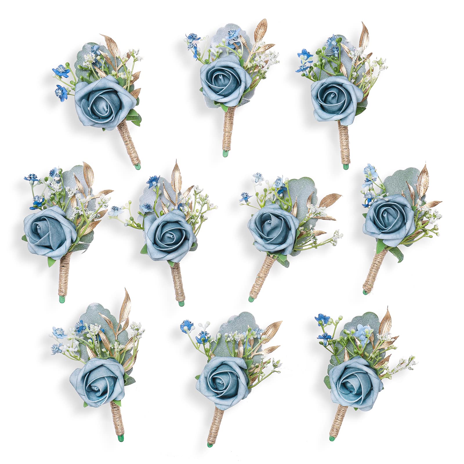 YSUCAU Rose Boutonnieres for Men Wedding Groom and Groomsmen Boutonniere for Rustic Fall Vintage Wedding Prom, Dusty Blue,Set of