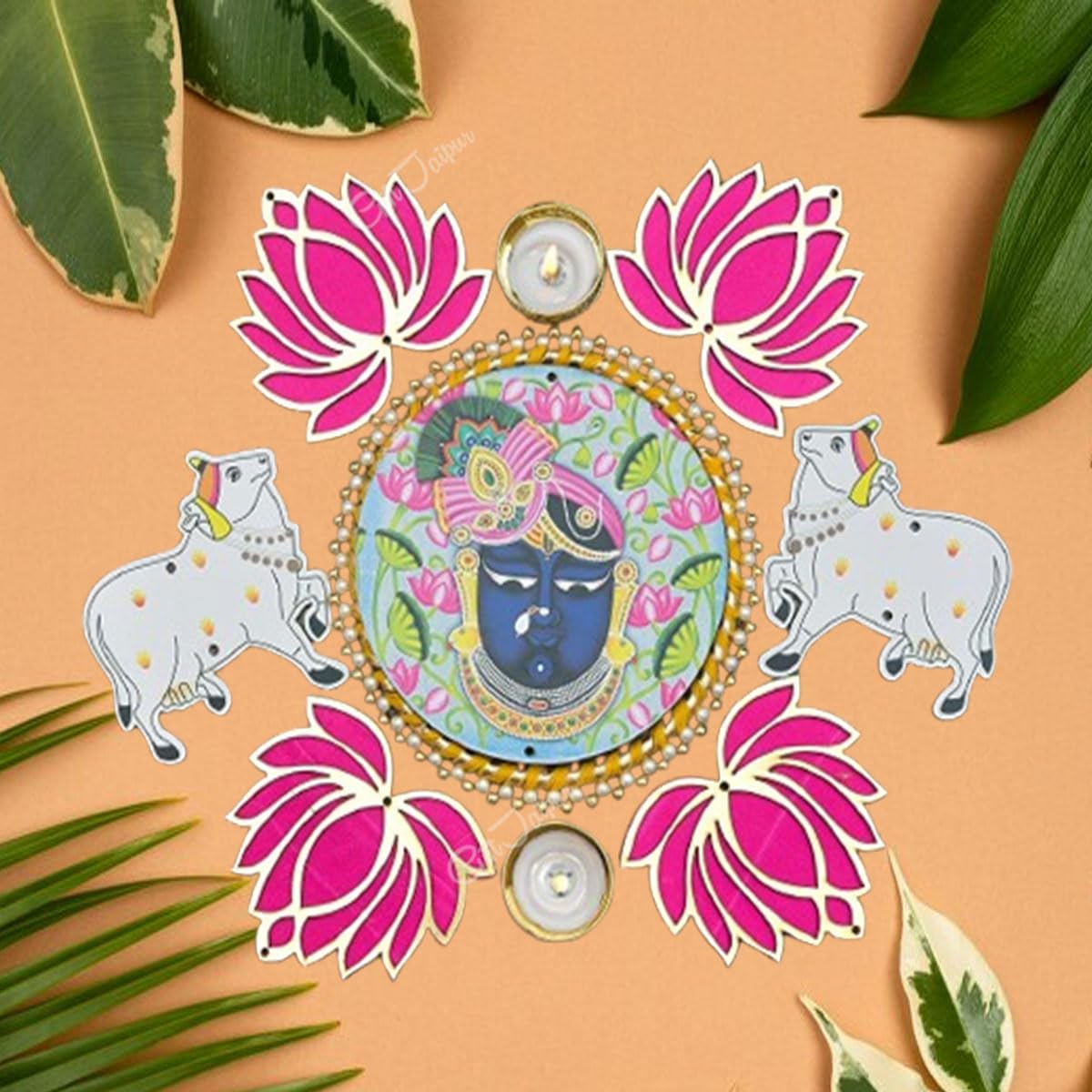 GIFT JAIPUR 7 Pc Pink Lotus Shrinathji and pichwai Cow Cutouts diyas Rangoli Deepak Diyas Home Temple Decorations for Diwali, Du