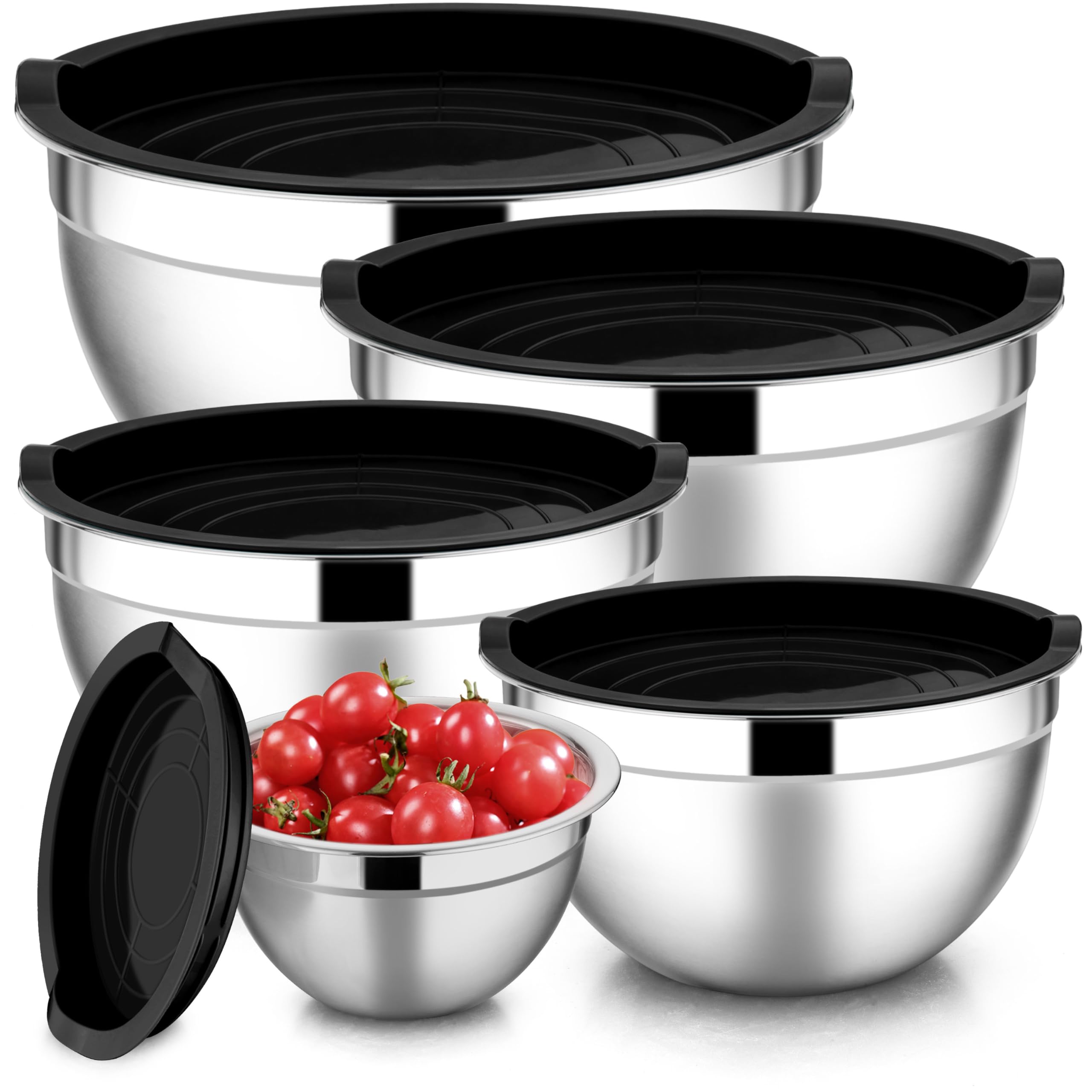 E-Far Mixing Bowls With Lids Set Of 5, Stainless Steel Black Mixing Bowls Metal Nesting Bowls With Airtight Lids For Cooking, Ba