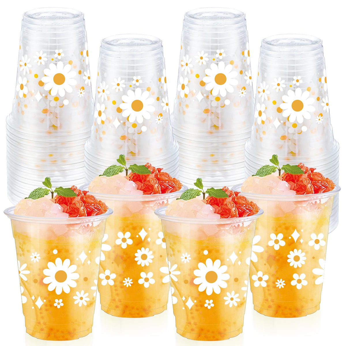 Yaomiao 50 Pieces Daisy Plastic Cups 12 Oz Bulk Retro Hippie Clear Disposable Cups Daisy Flower Drinking Beverage Cups For Birth