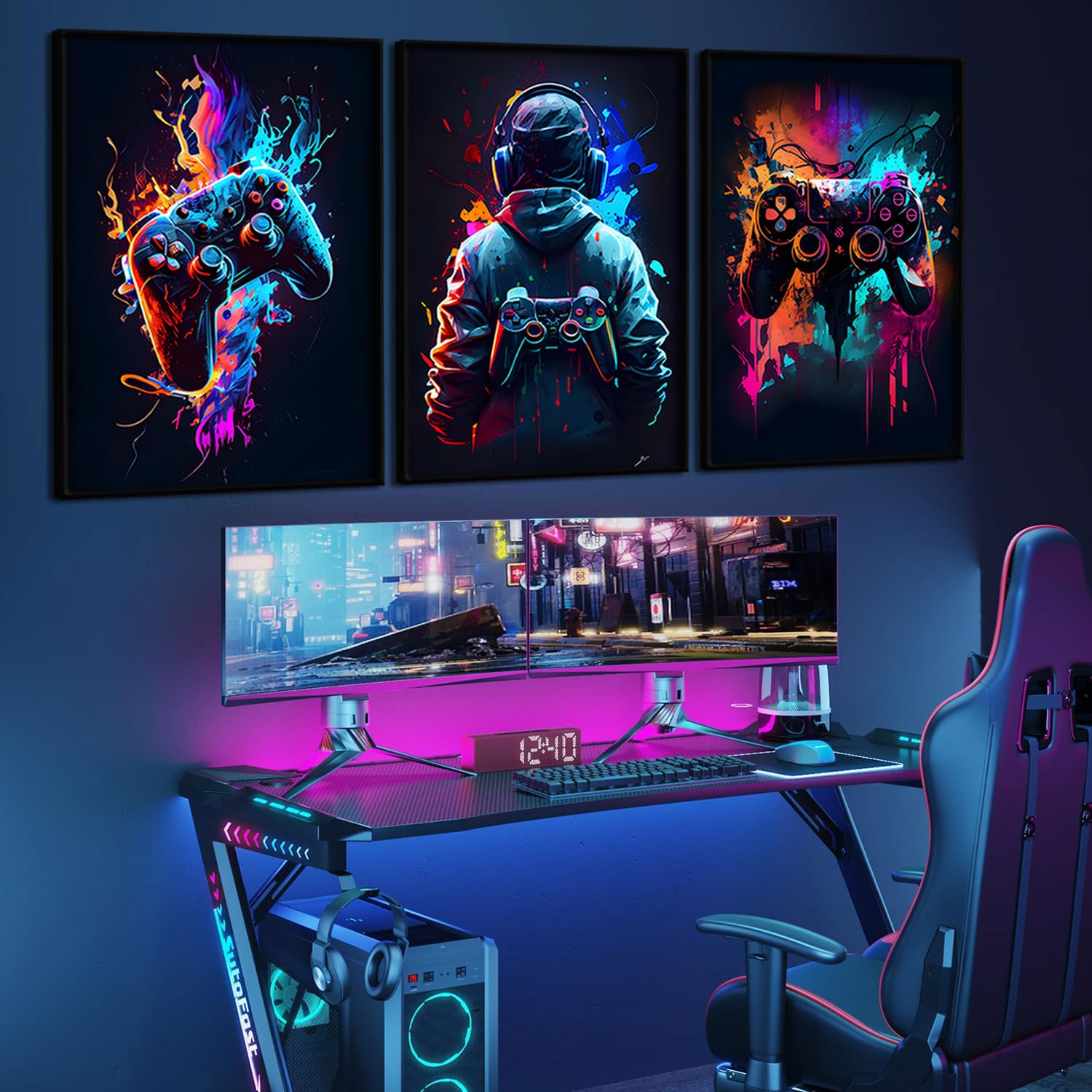 3Pcs Cool Gaming Wall Art Retro Video Game Watercolor Posters Pictures Colorful Neon Gamepad Canvas Painting Prints For Boys Roo