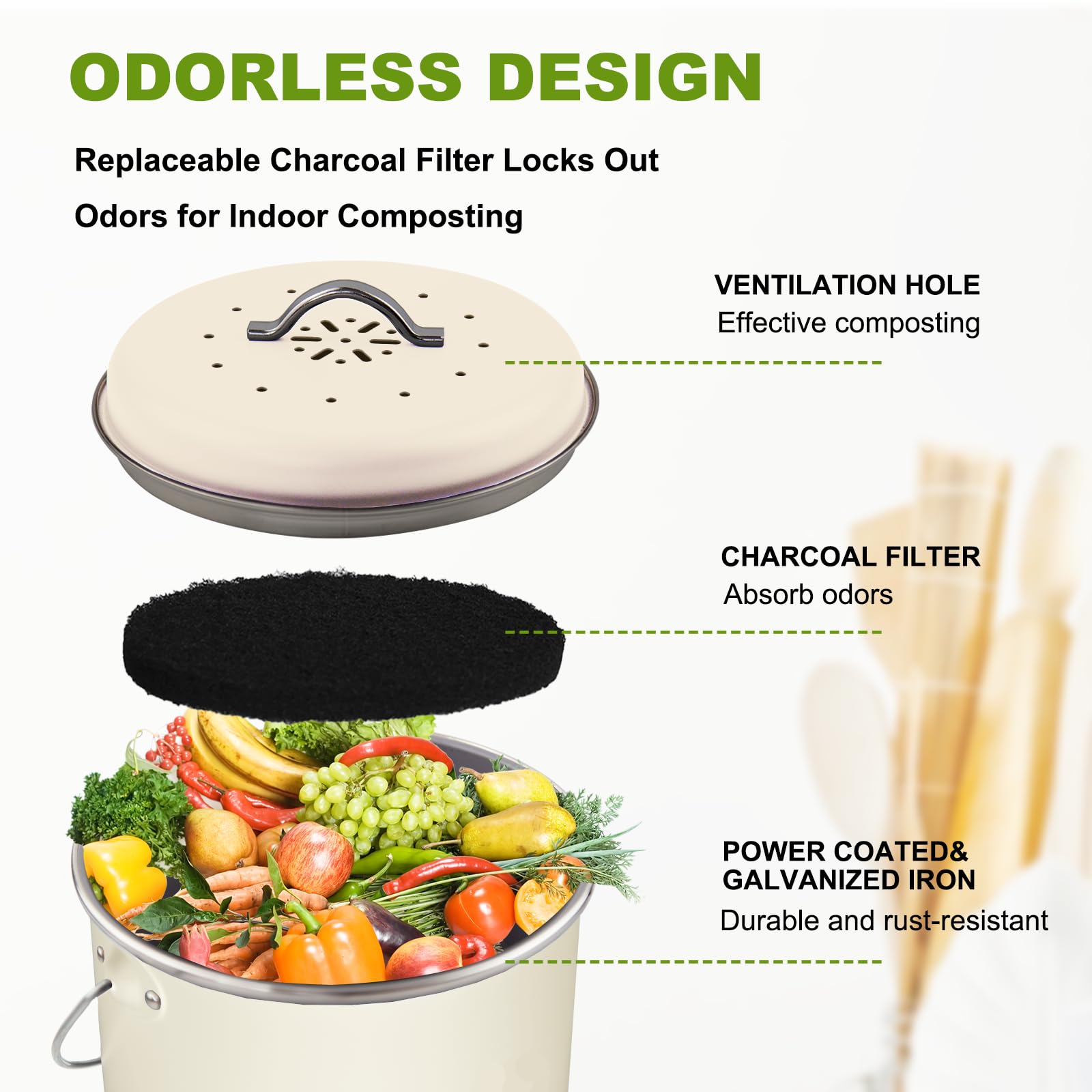 Holismo Kitchen Countertop Compost Bin - Medium Cream, Odor Resistant Metal Bucket with Lid & Charcoal Filter