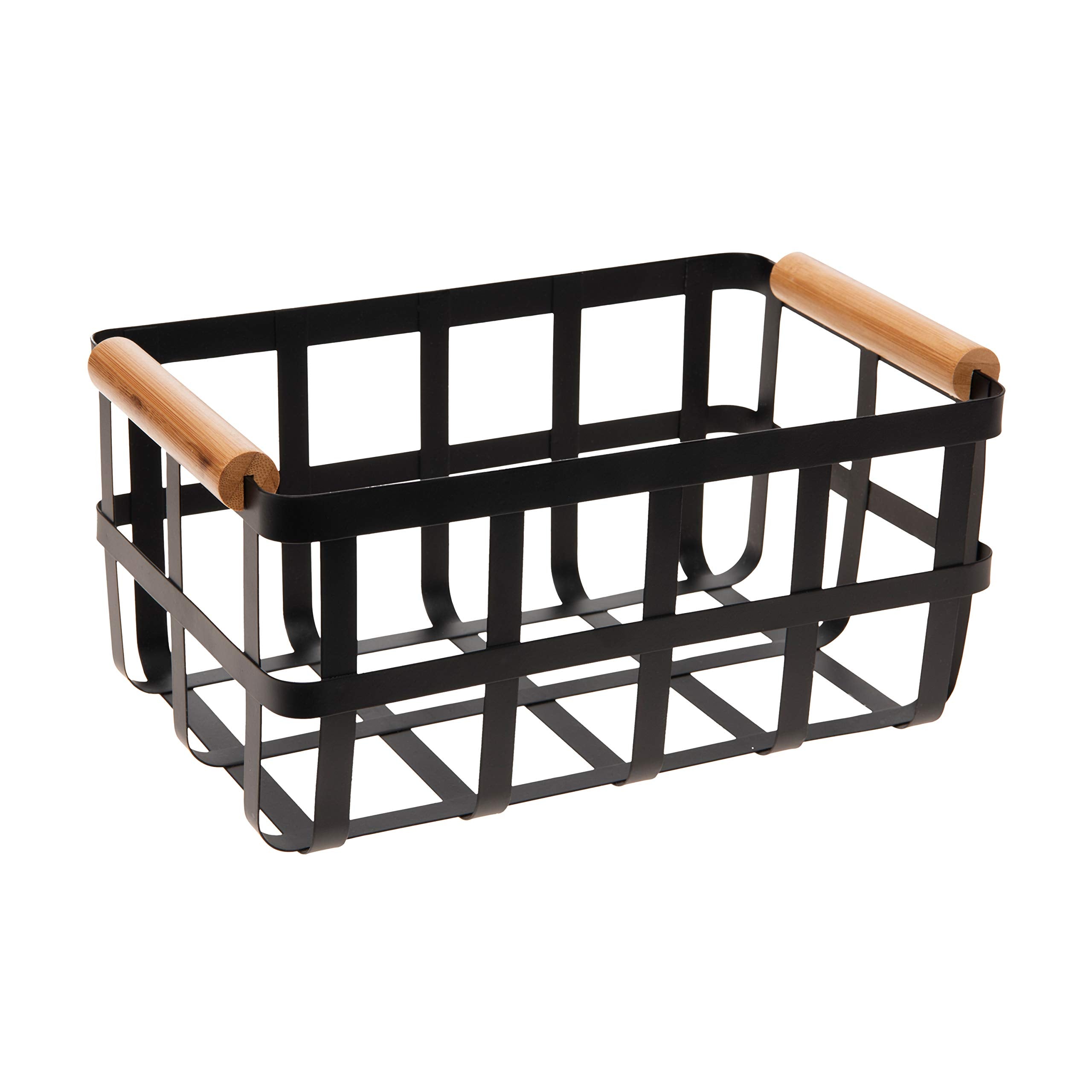 Simplify Rectangular Metal Storage Basket With Bamboo Handles | Large | Farmhouse Style Wire Basket | Home Organizer | Decorativ