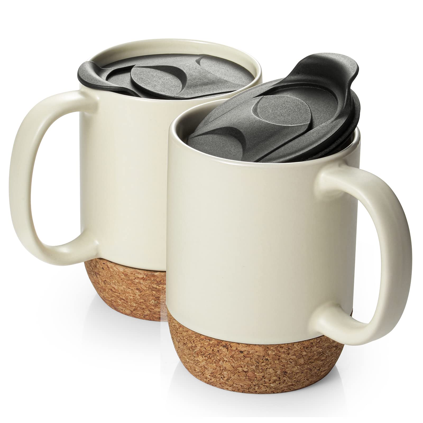 DOWAN Coffee Mugs Set of 2, 15 OZ Ceramic Mug with Cork Bottom and Splash Proof Lid, Large Coffee Mug with Handle for Coffee Tea