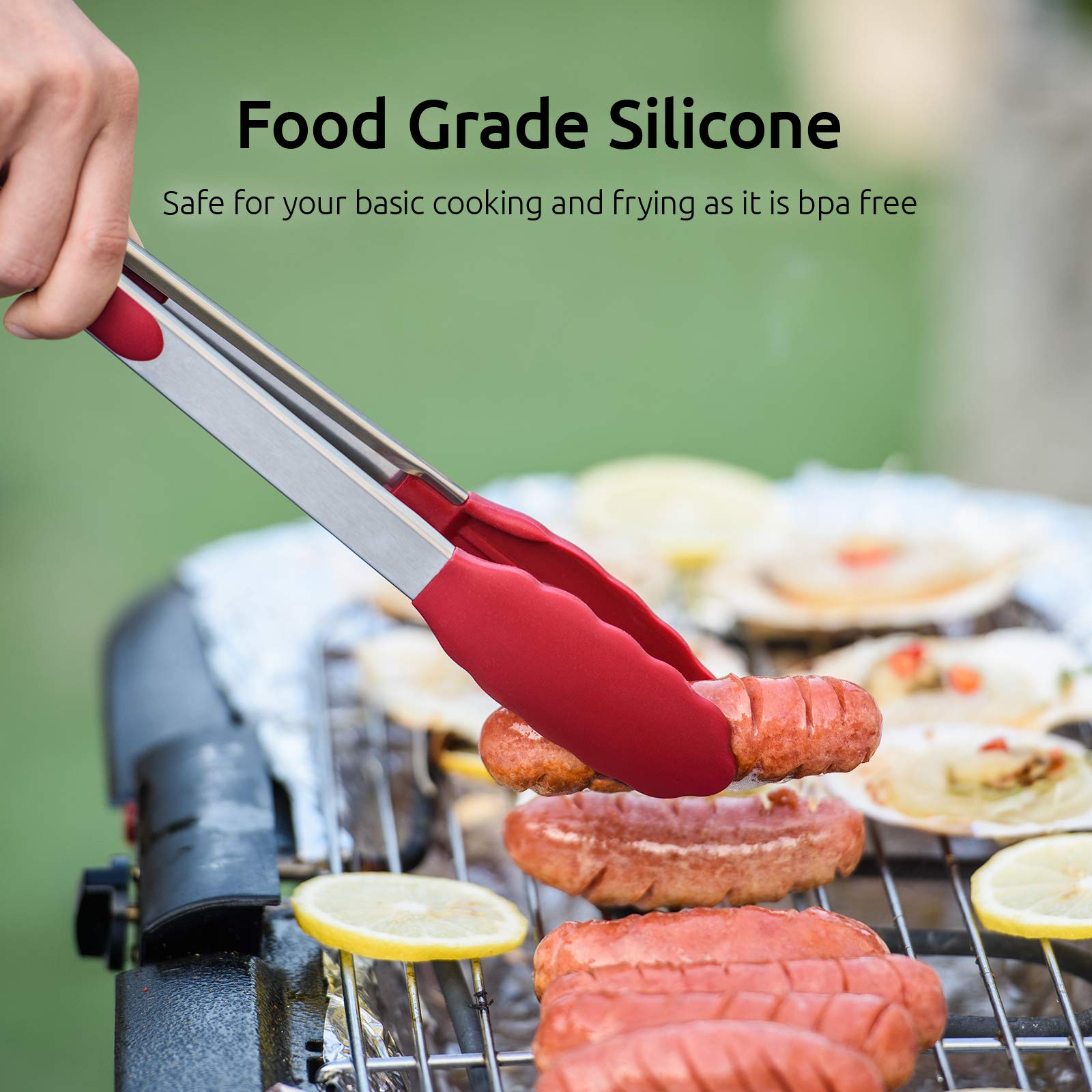 U-Taste Kitchen Tongs, 7/9/12 Inches Cooking Tongs, With 480F High Heat-Resistant Non-Stick Silicone Tips, 18/8 Stainless Steel