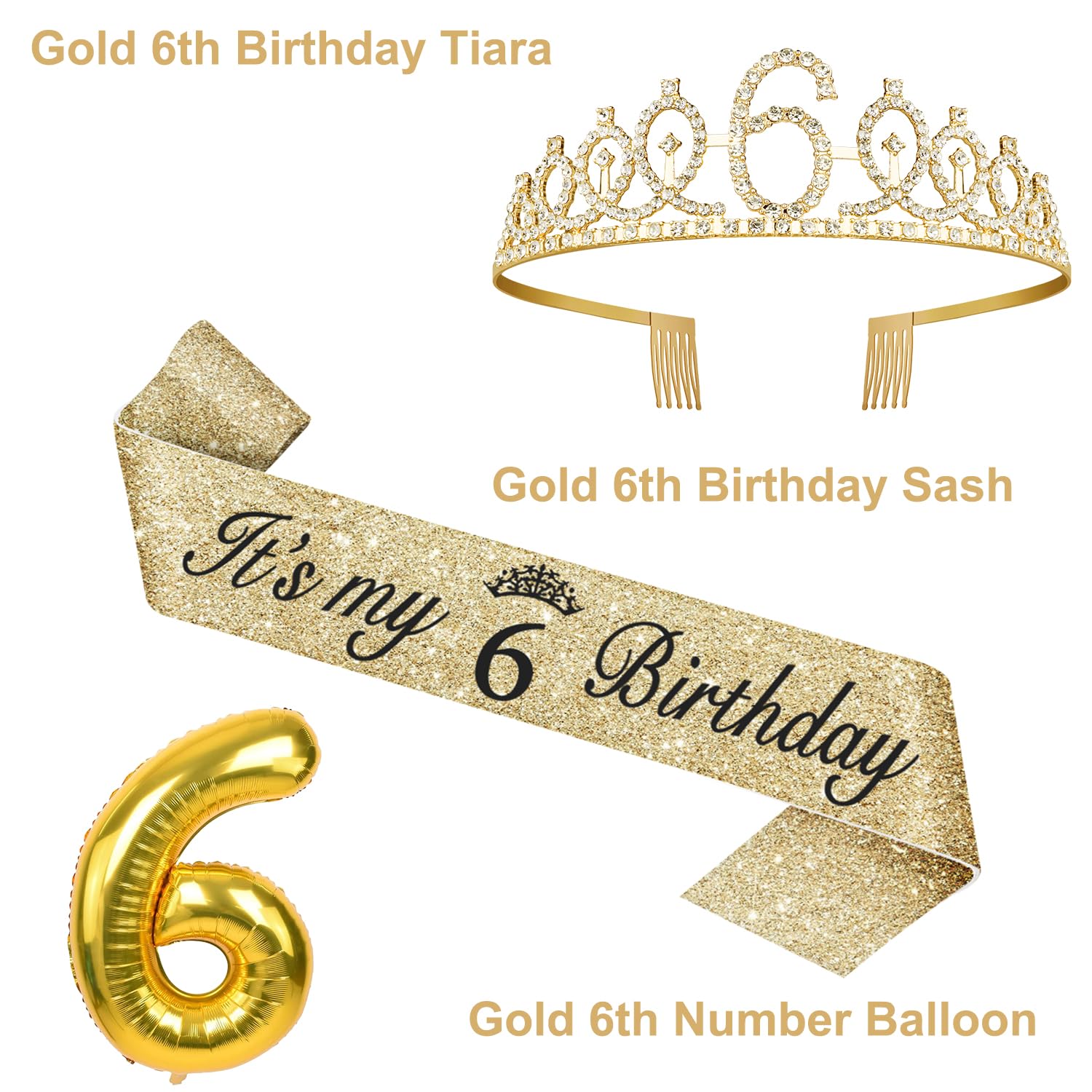 6th Birthday Decorations for Girl with 6th Birthday Sash and Tiara, Candle and Cake Topper, Number Balloon, 6 Year Old Girl Gift