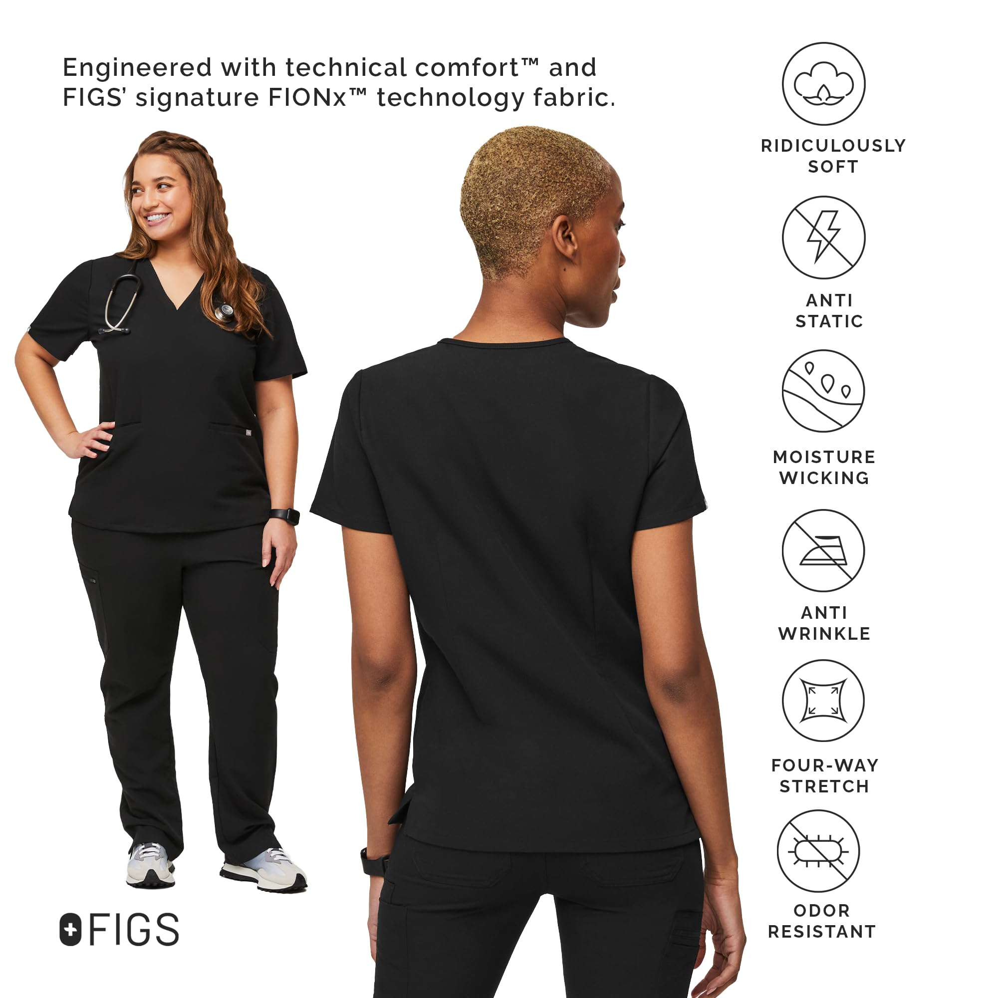 Figs Casma Three-Pocket Scrub Top For Women - Black, L