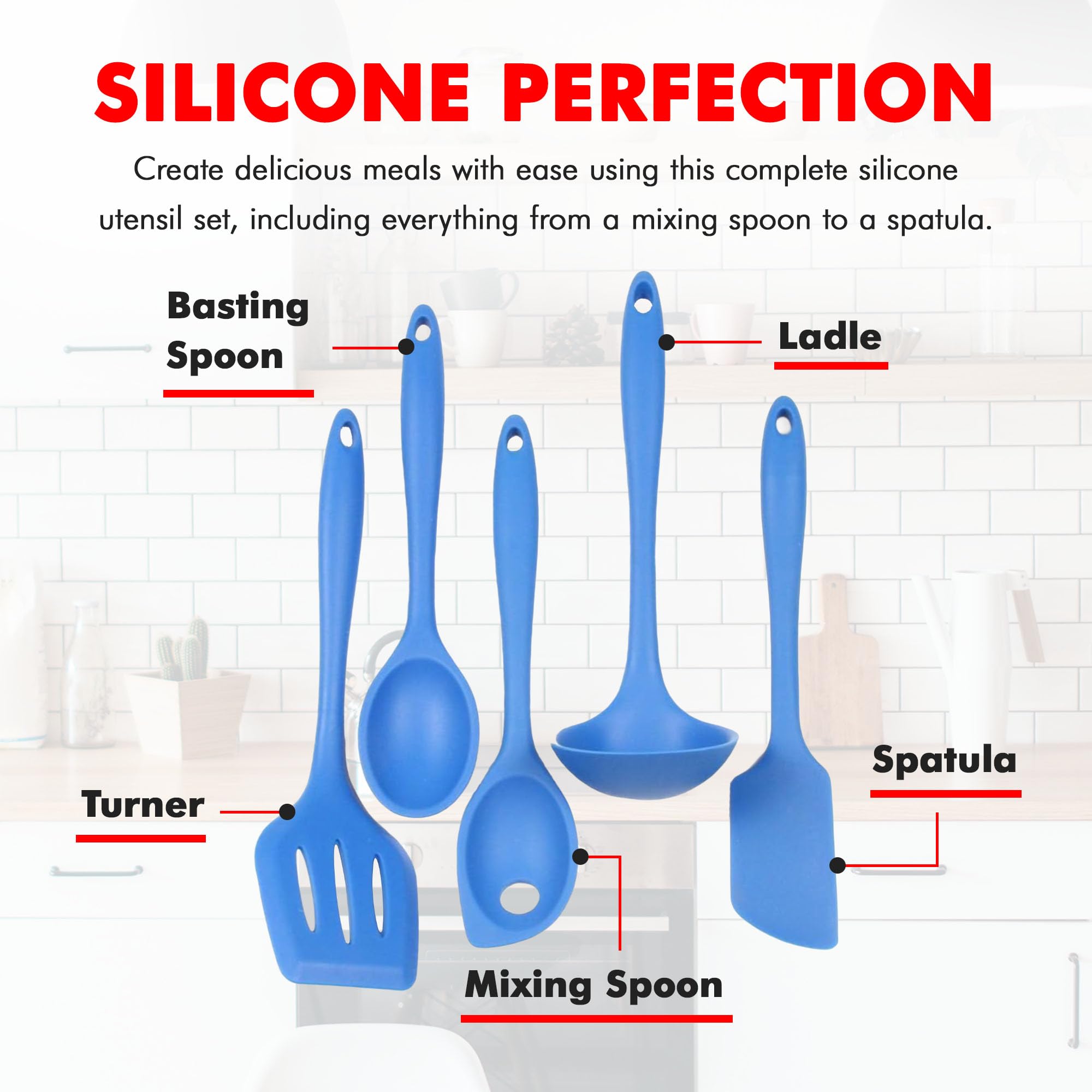 Chef Craft Premium Silicone Kitchen Tool And Utensil, 5 Piece Set, Blue