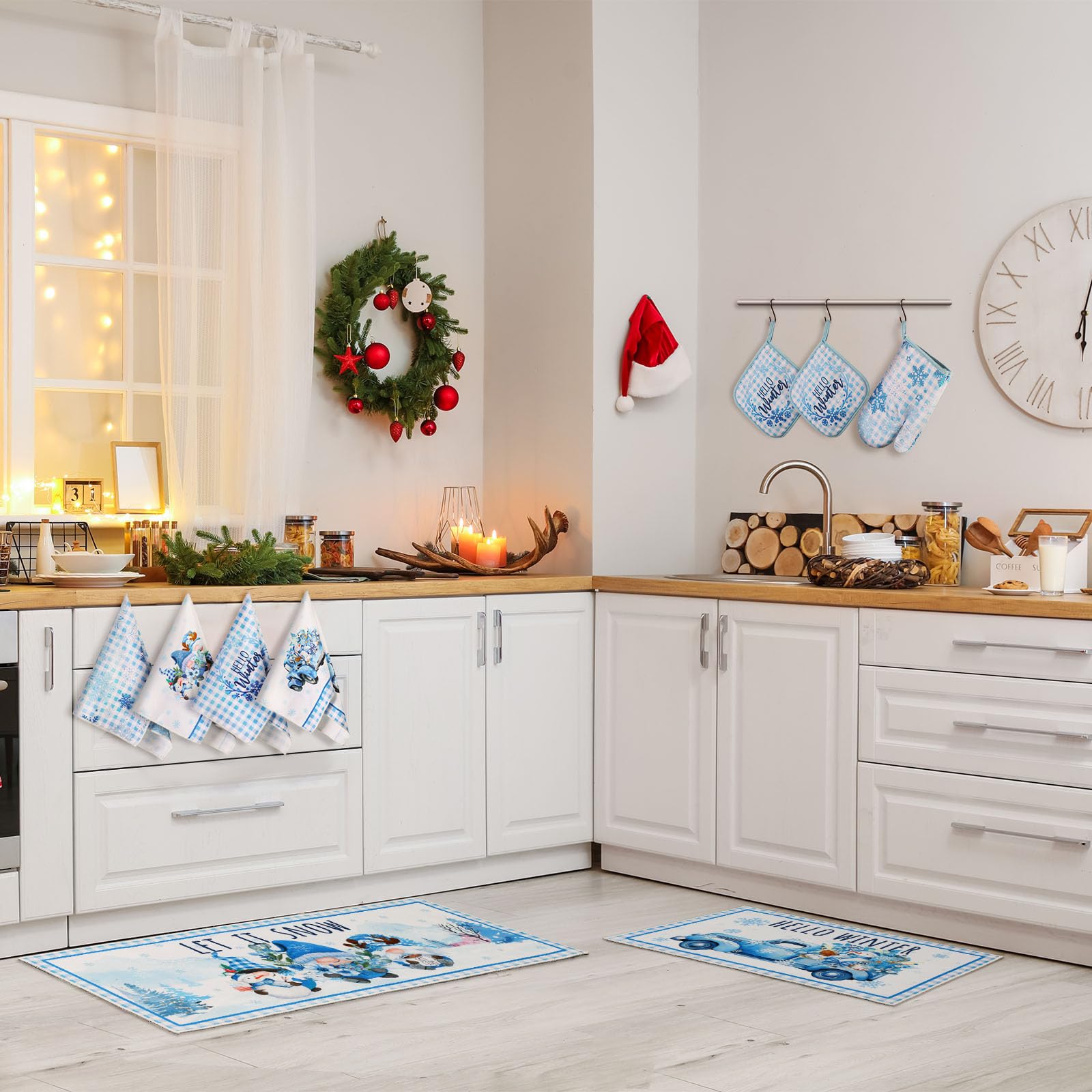 Fanfanwin 10 Pcs Christmas Kitchen Decor Set Kitchen Towels and Rugs Oven Mitts Pot Holders Absorbent Towels for Baking Cooking