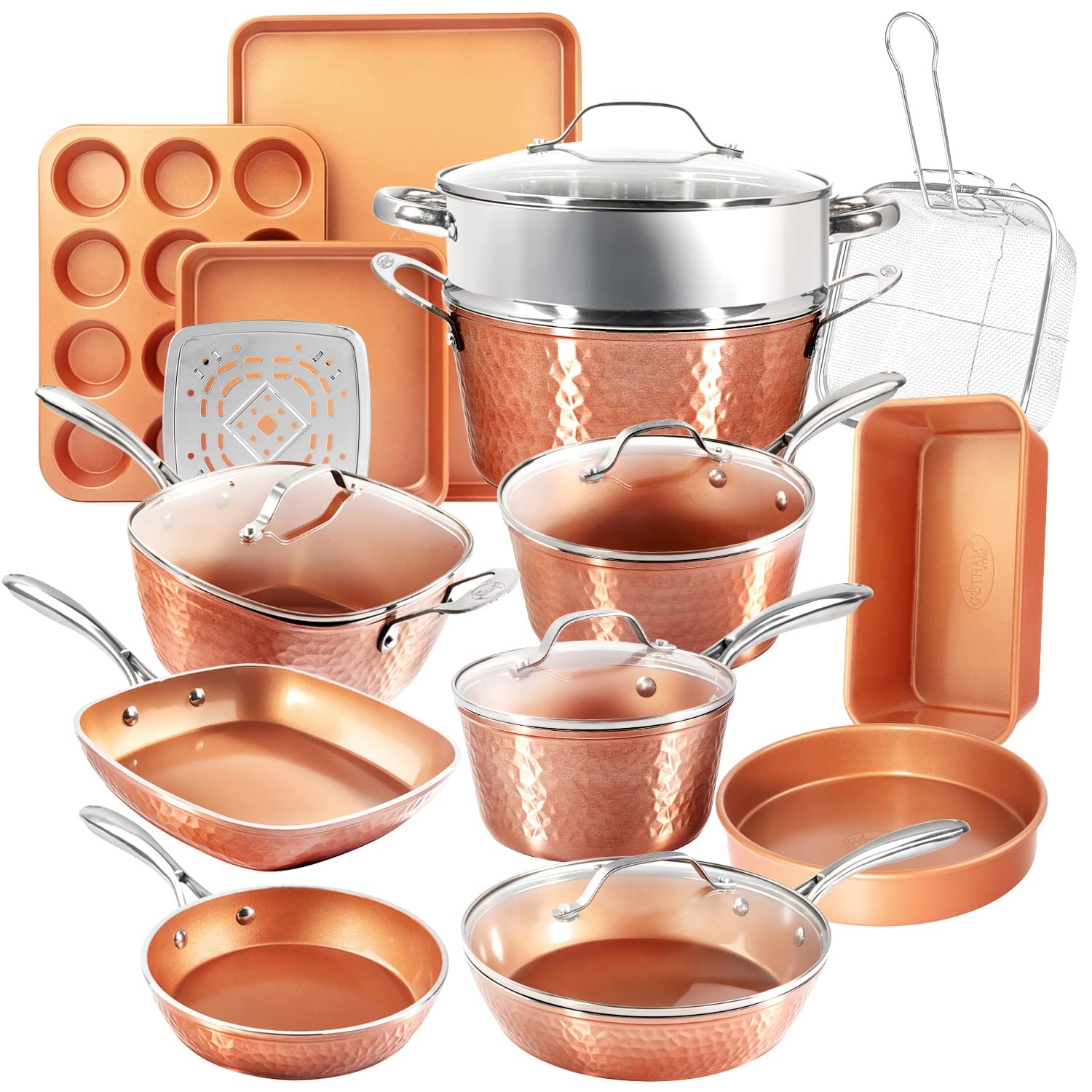 Gotham Steel Hammered Copper Collection - 20 Piece Premium Pots and Pans Set Nonstick Ceramic Cookware + Bakeware Set for Kitche
