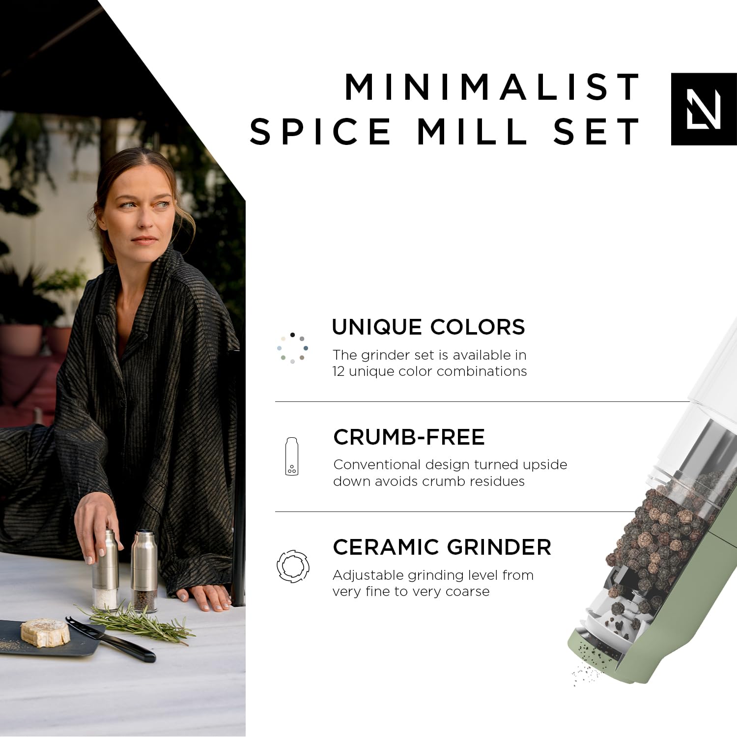 Lars Nysm Stainless Steel Salt And Pepper Mill Set With Adjustable Ceramic Grinder I Manual Spice Mill Set (Sage)