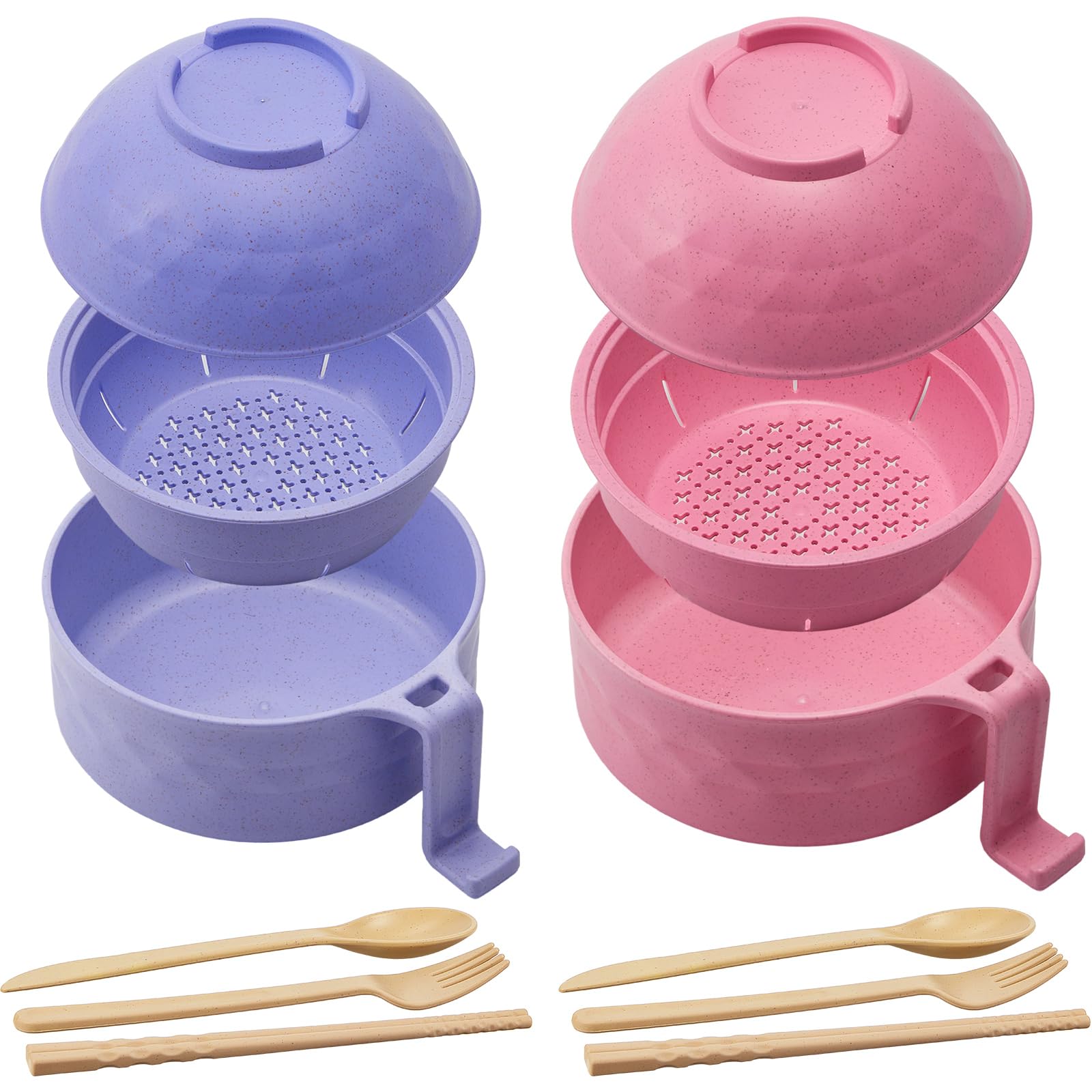 Romooa 2 Sets Microwave Ramen Bowl 40 oz Wheat Fiber Portable Instant Noodle Cooker Bowl with Handles Strainer Spoon Chopstick F