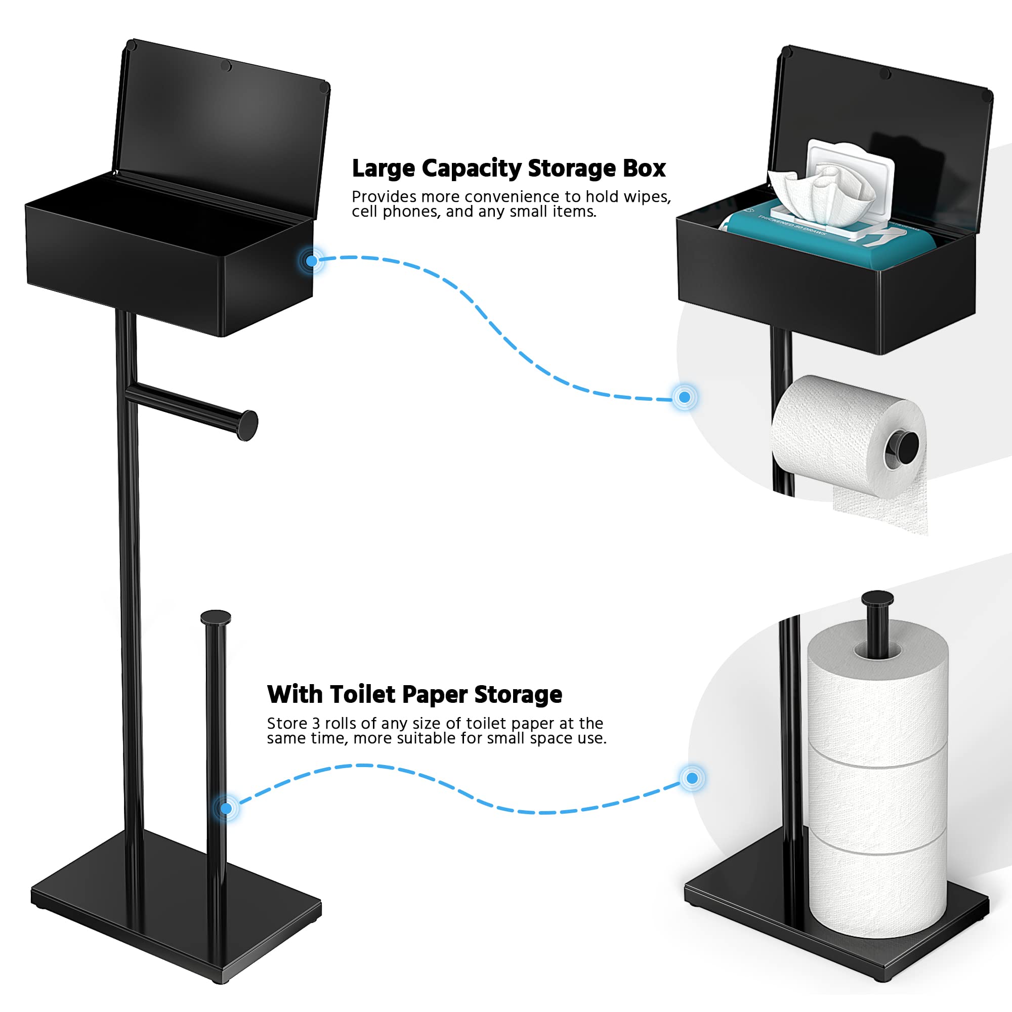 CISILY Black Toilet Paper Holder Stand with Storage Shelf  Free Standing Toilet Paper Roll Holders  Bathroom Toliet Tissue Holder Accessories Essentials