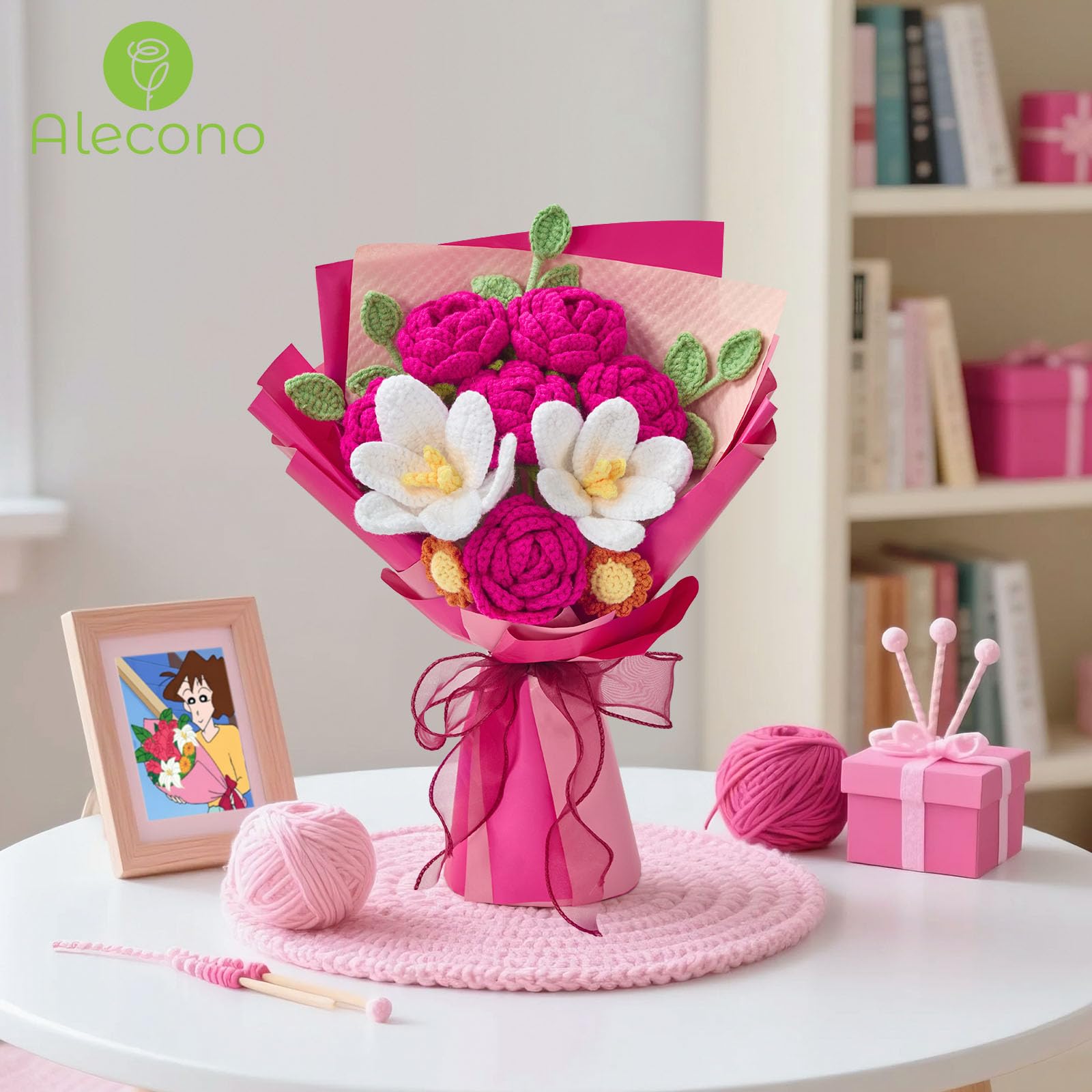 Alecono Crochet Flower Bouquet, Hot Pink Knitted Flowers, Crochet Tulip Rose Flower for Lover Anniversary Birthday Party Mother