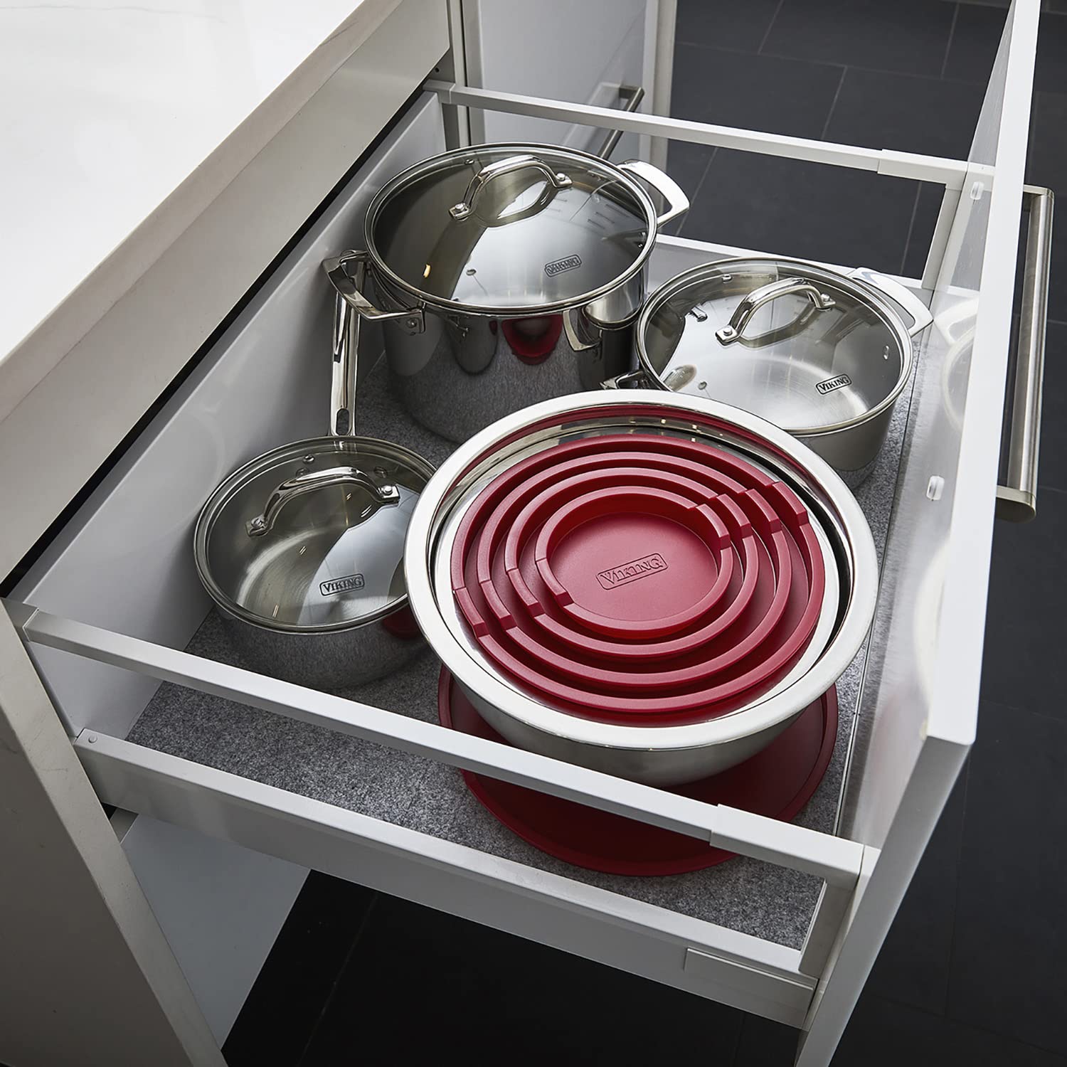 Viking Culinary Stainless Steel Mixing Bowl Set, 10 Piece, Non-Slip Silicone Base, Includes Airtight Lids, Dishwasher Safe, Red