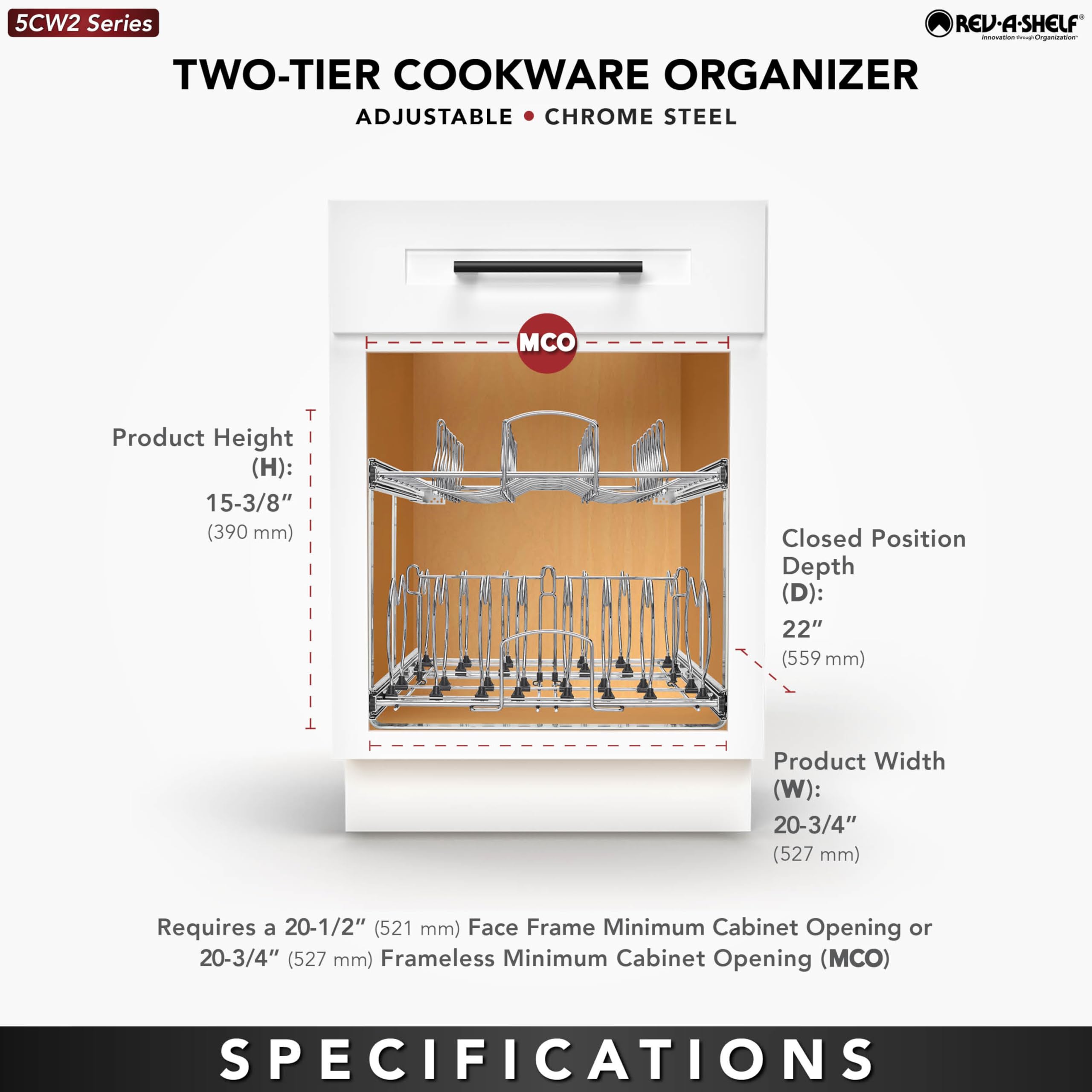 Rev-A-Shelf 2-Tier Kitchen Cabinet Pullout 20.75 Cabinet Organizer For Pots, Pans, And Lid Cookware, Adjustable Heavy Duty Wir
