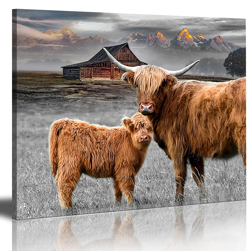 Rinsiken Highland Cattle Wall Art With Long Horns Picture - Highland Cow Print On Canvas Painting 12X16 Inches Artwork For Home