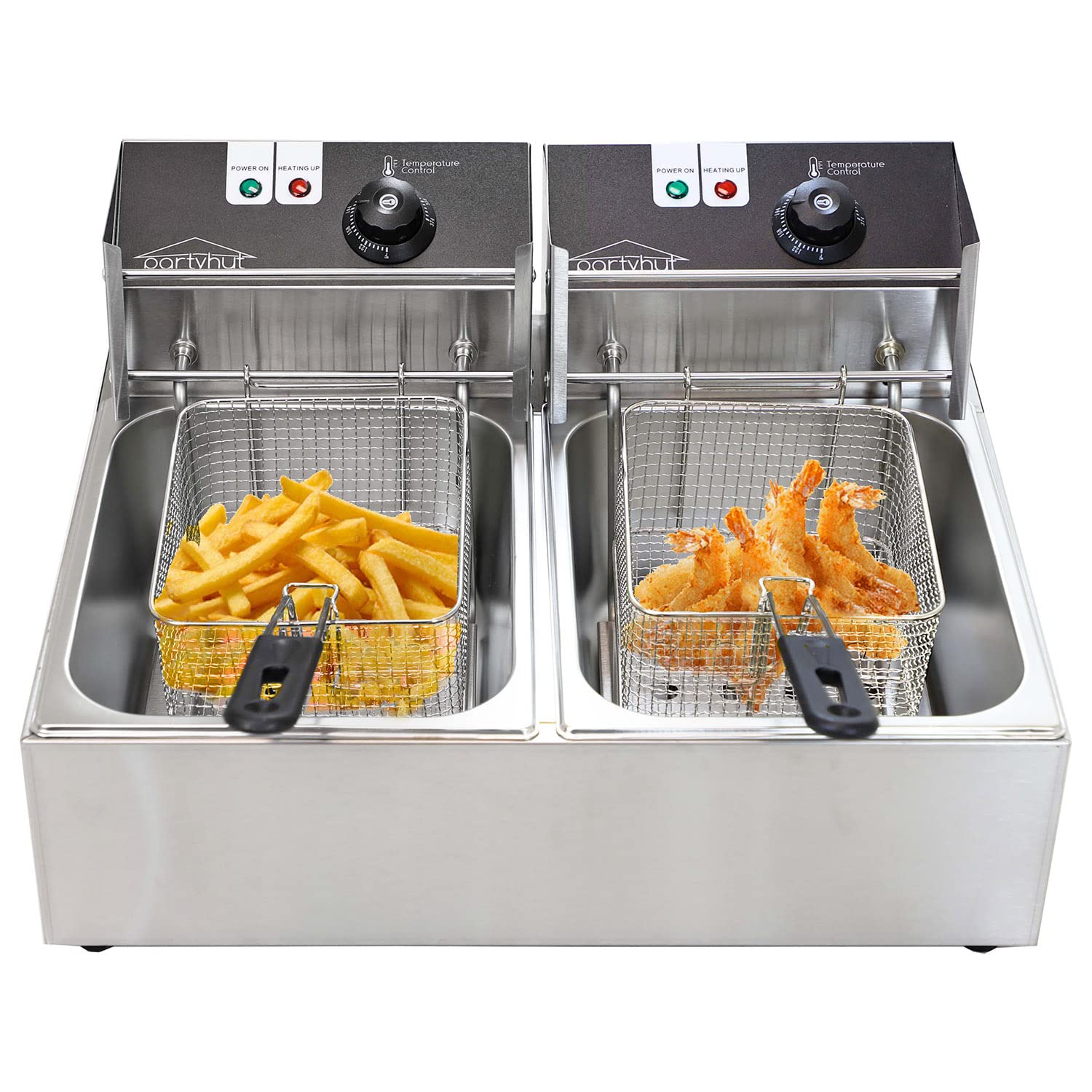Partyhut 12 Liter/12.6 Quart Dual-Tank Commercial Deep Fryer Machine, Double Basins Large Capacity Stainless Steel Countertop Fr