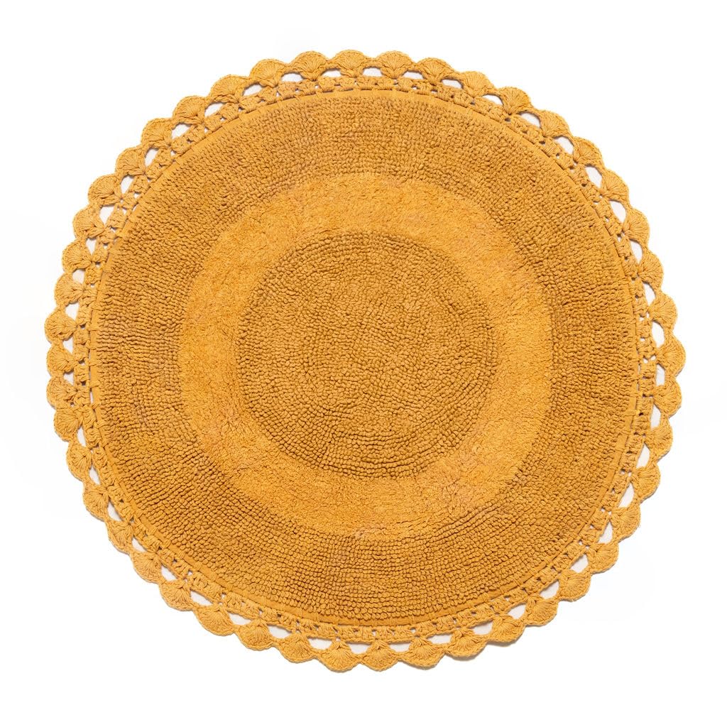 Bien Beau Round Bohemian Bathroom Rug With Crochet Contour. 100% Cotton, Reversible Round Boho Bedroom Rug-Boho Bathroom Decor-S