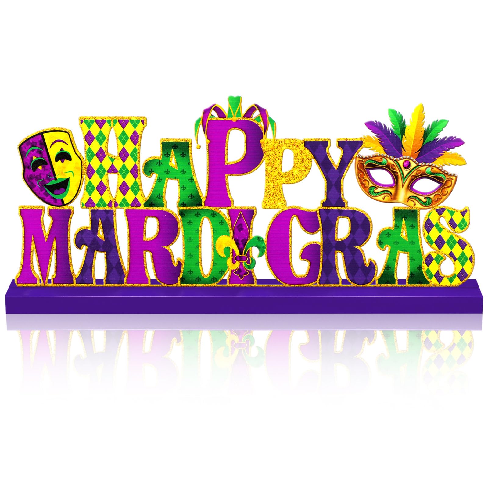 MiniInflat Happy Mardi Gras Metal Sign Carnival Table Decor New Orleans Tiered Tray Decor with Wooden Base Freestanding Metal Wo