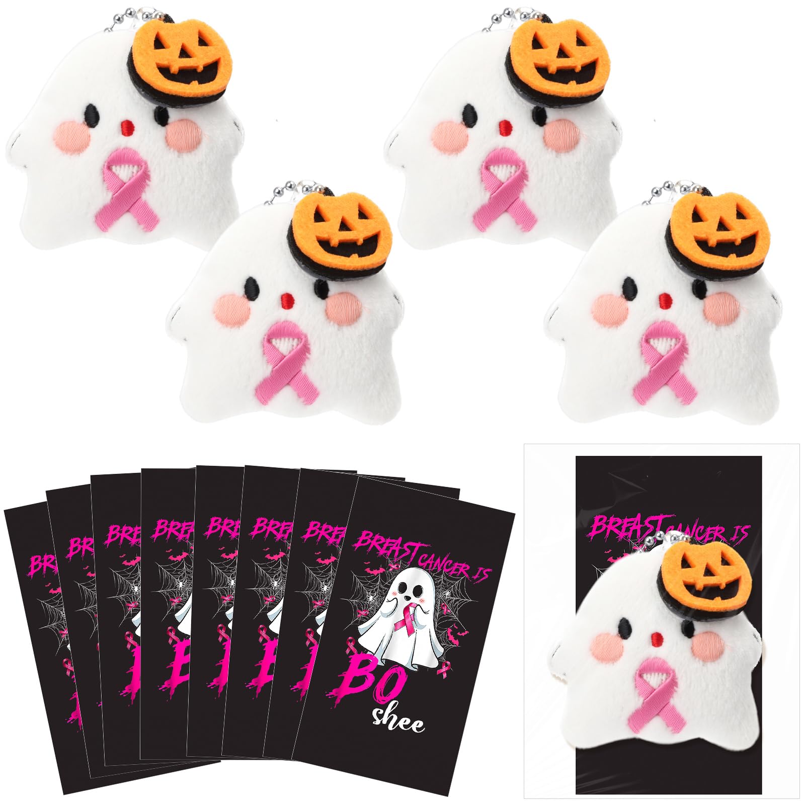 Hotop 24 Sets Breast Cancer Awareness Ghost Plush Keychains, Halloween Boo Pink Ribbon Gifts with Cards Bags for Women Breast Ca