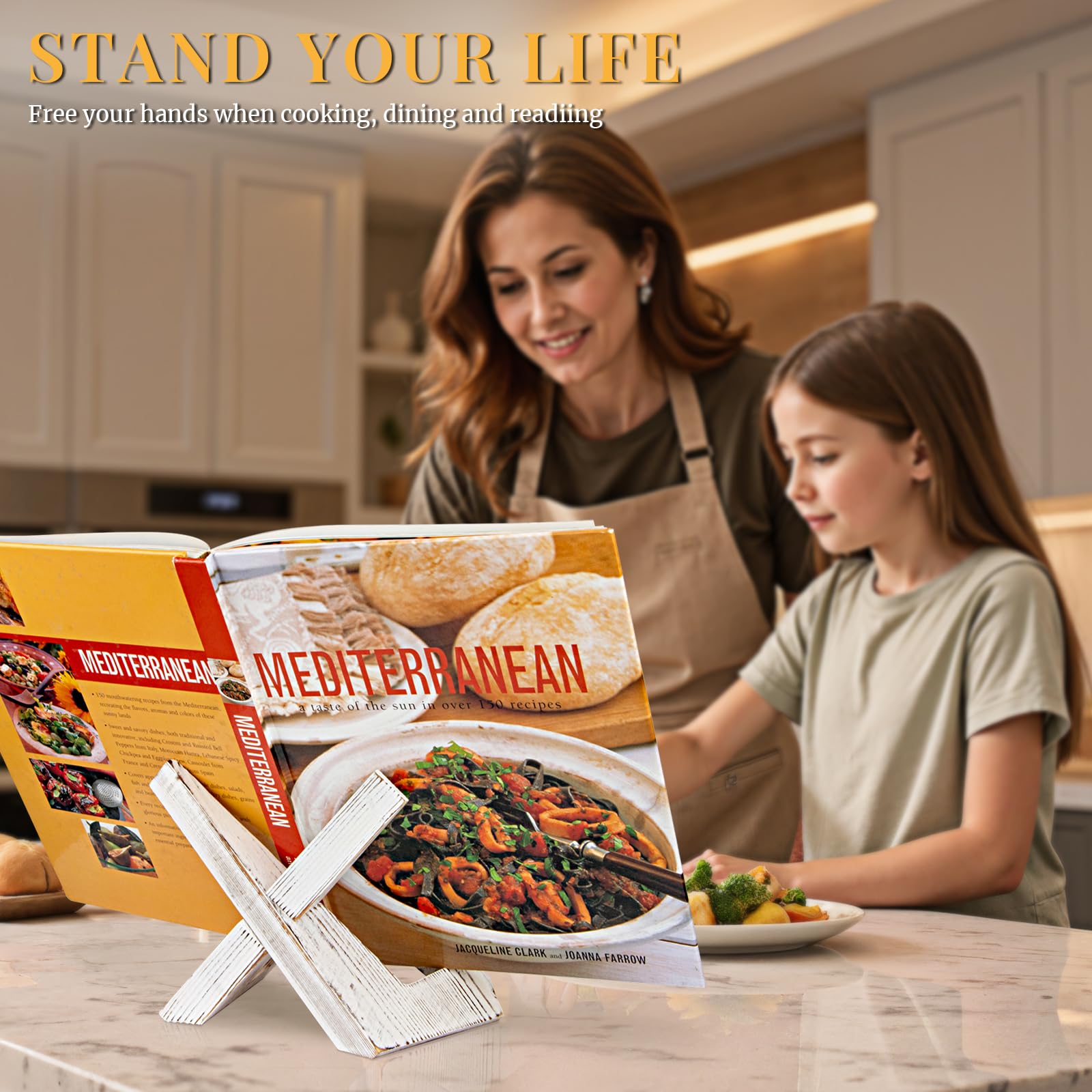 PUERSI Cookbook Stand for Kitchen  Recipe Book Holder for Kitchen Counter  Wooden Cookbook Holder  Rustic Cook Book Holder Stand - Farmhouse White