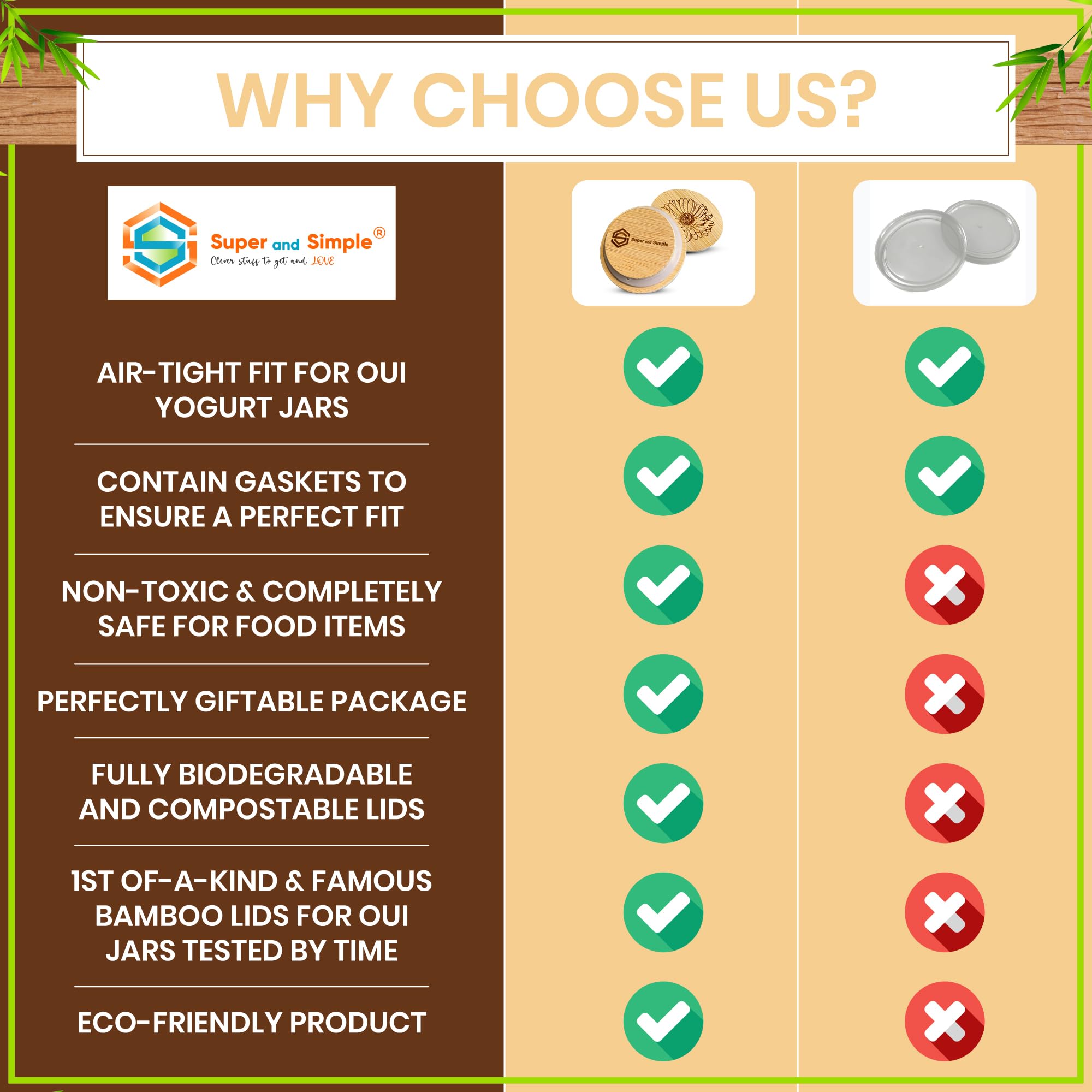 Super and Simple Oui Yogurt Jar Lids, 4-Piece Bamboo Set with Silicone Sealing Rings, Natural Color, Model 1