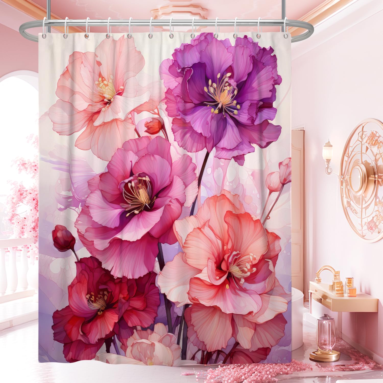 Uiiooazy Pink Shower Curtain For Bathroom Rose Pink Floral Shower Curtain Set With Hooks Abstract Purple Pink Flowers Bathtub De